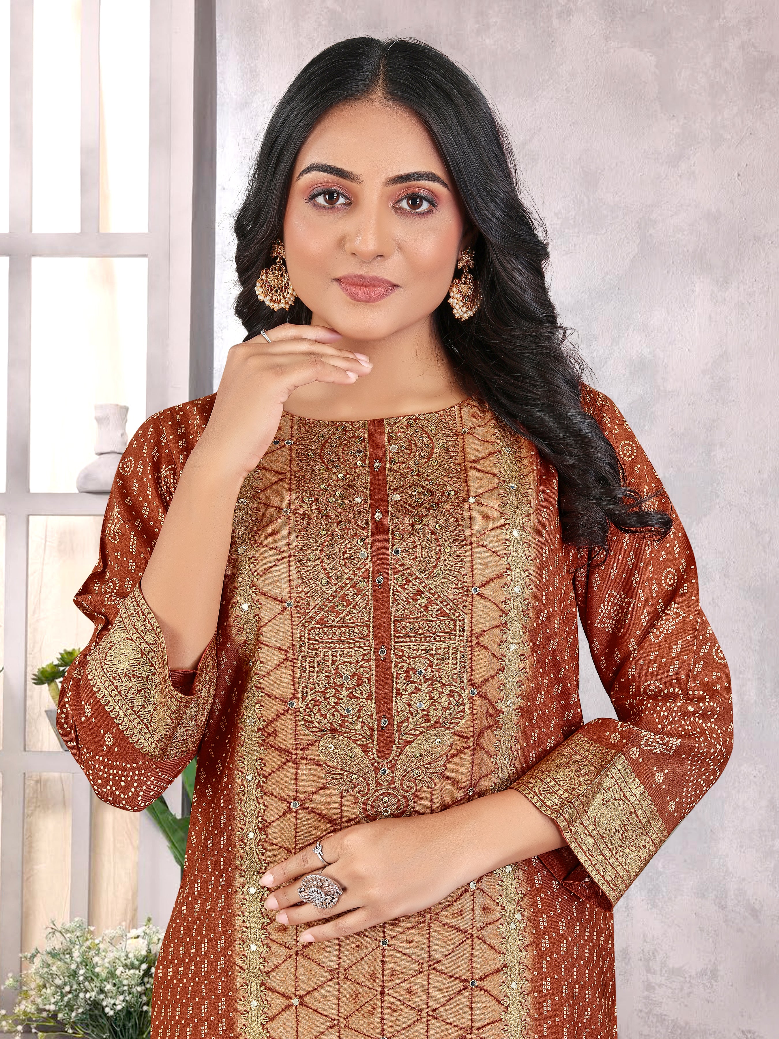 Rust Pure Masleen With Jackard Foil 3  Pcs Suit