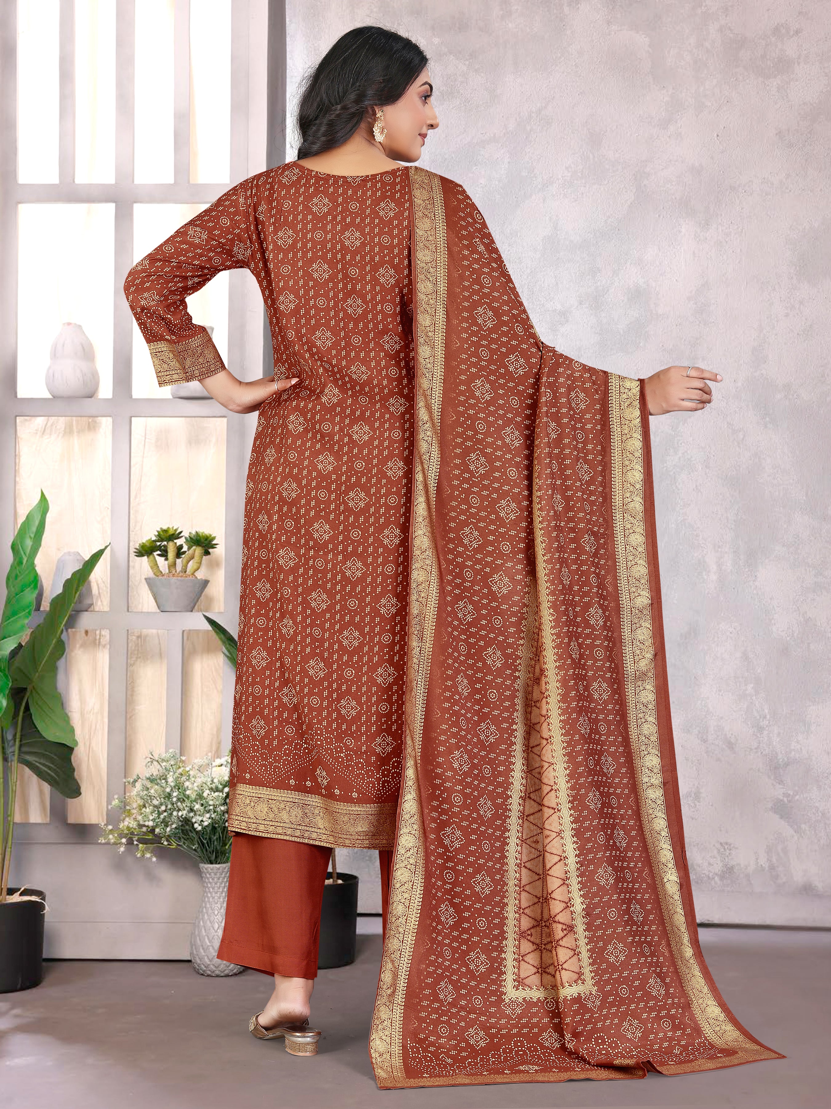 Rust Pure Masleen With Jackard Foil 3  Pcs Suit