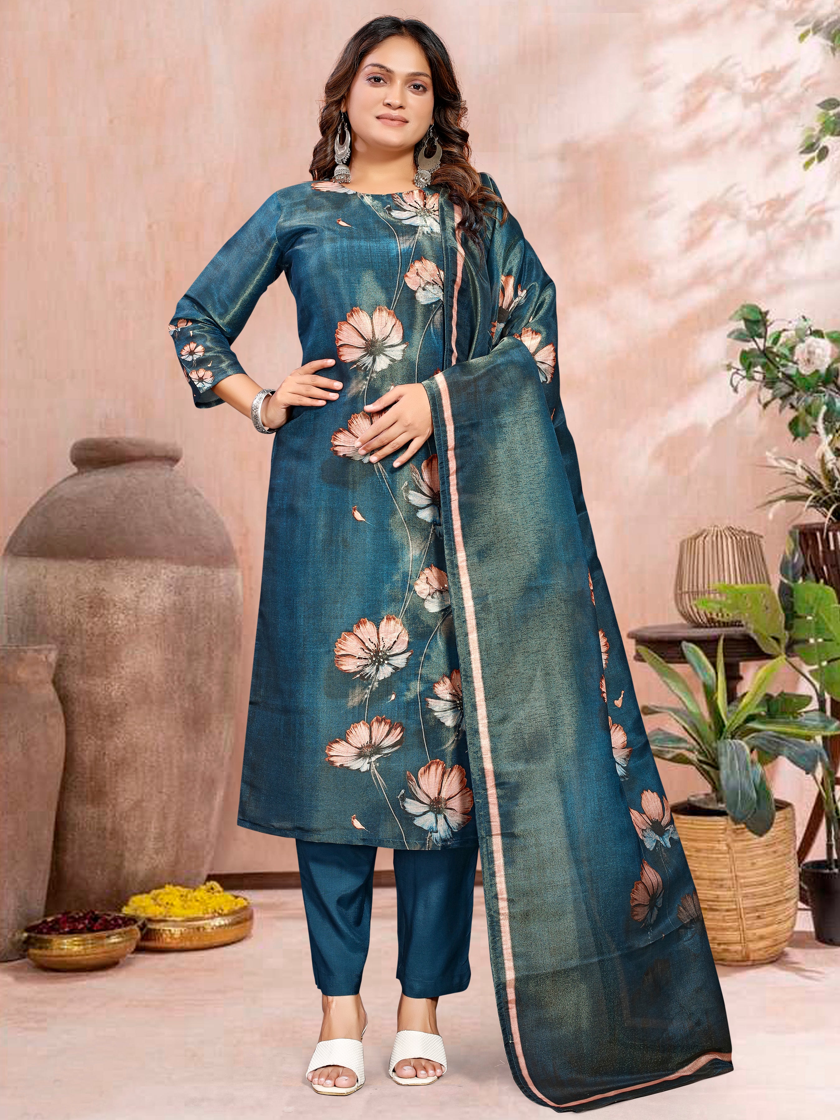 Blue Pv Shimmer Three Pcs Suit With Shimmer Dupatta