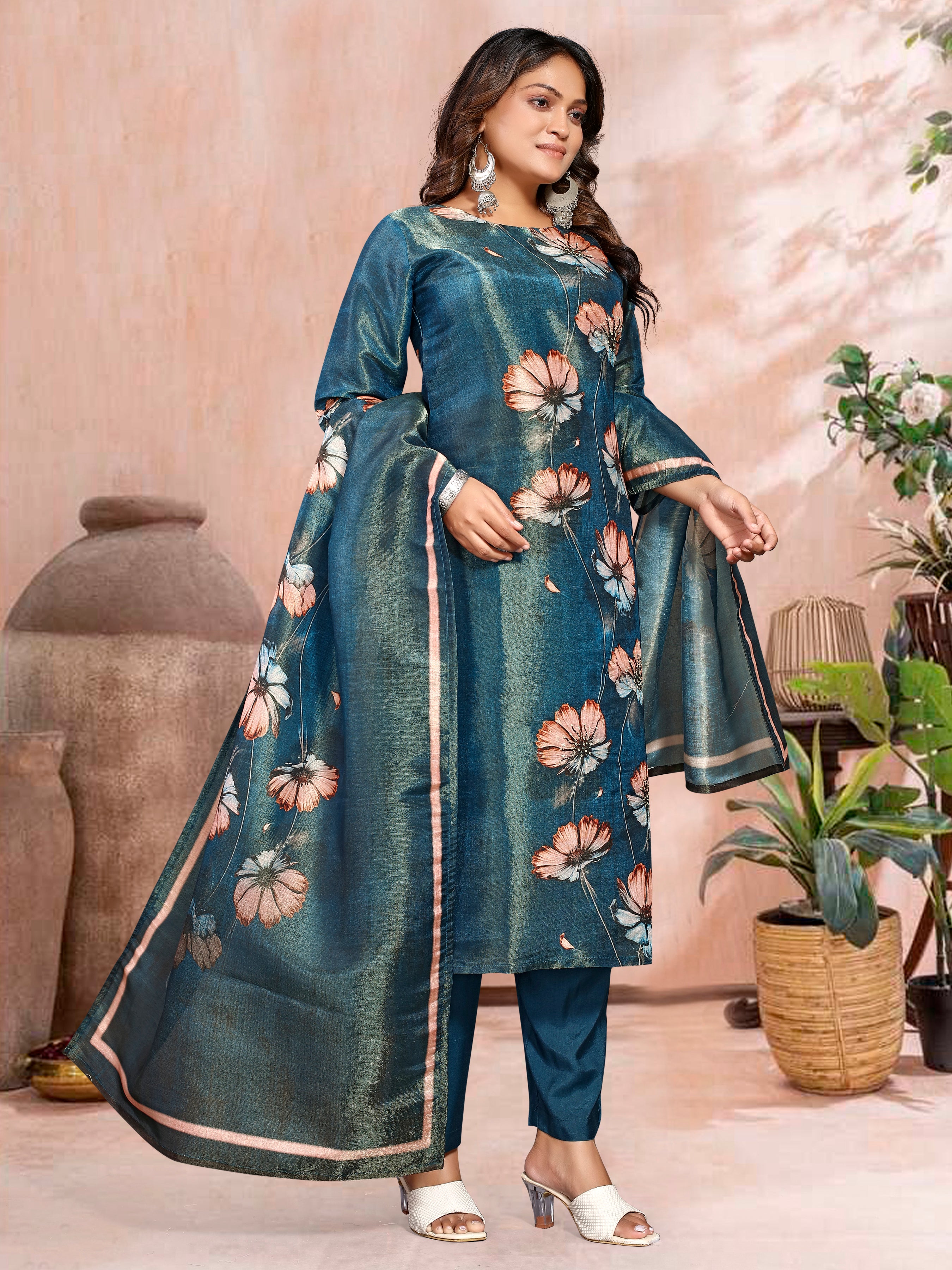 Blue Pv Shimmer Three Pcs Suit With Shimmer Dupatta