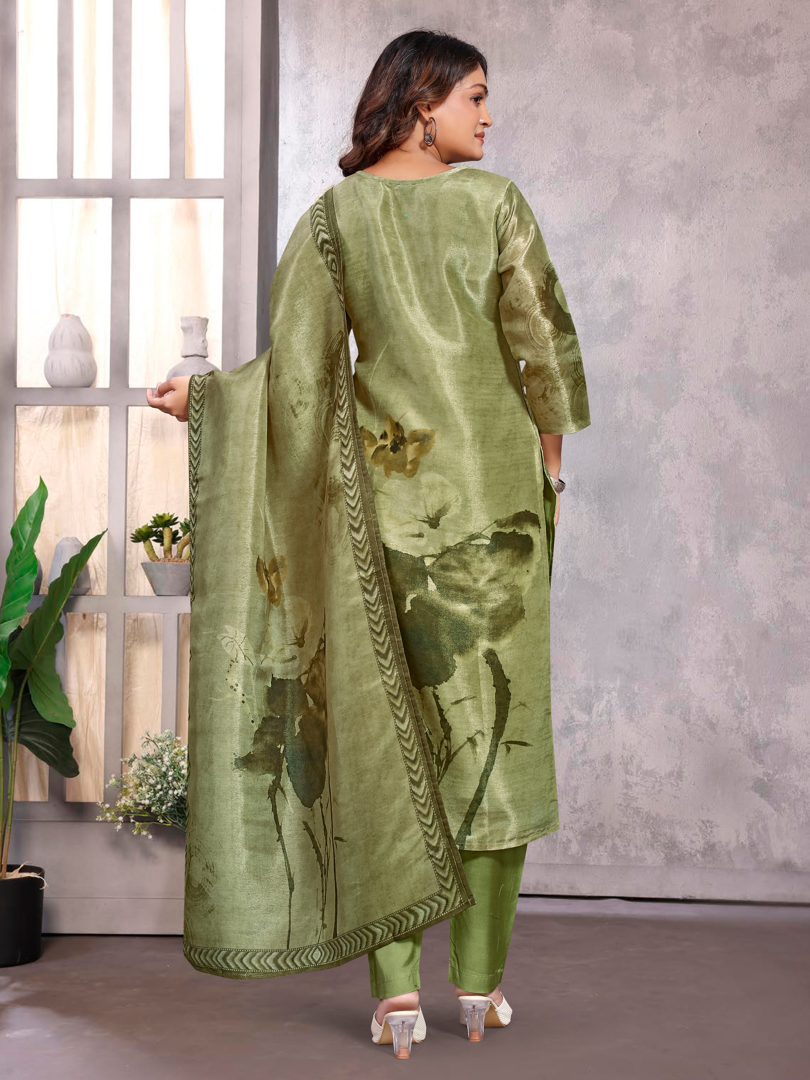 Golden Yellowpv Shmmer Three Pcs Suit With Shimmer Dupatta