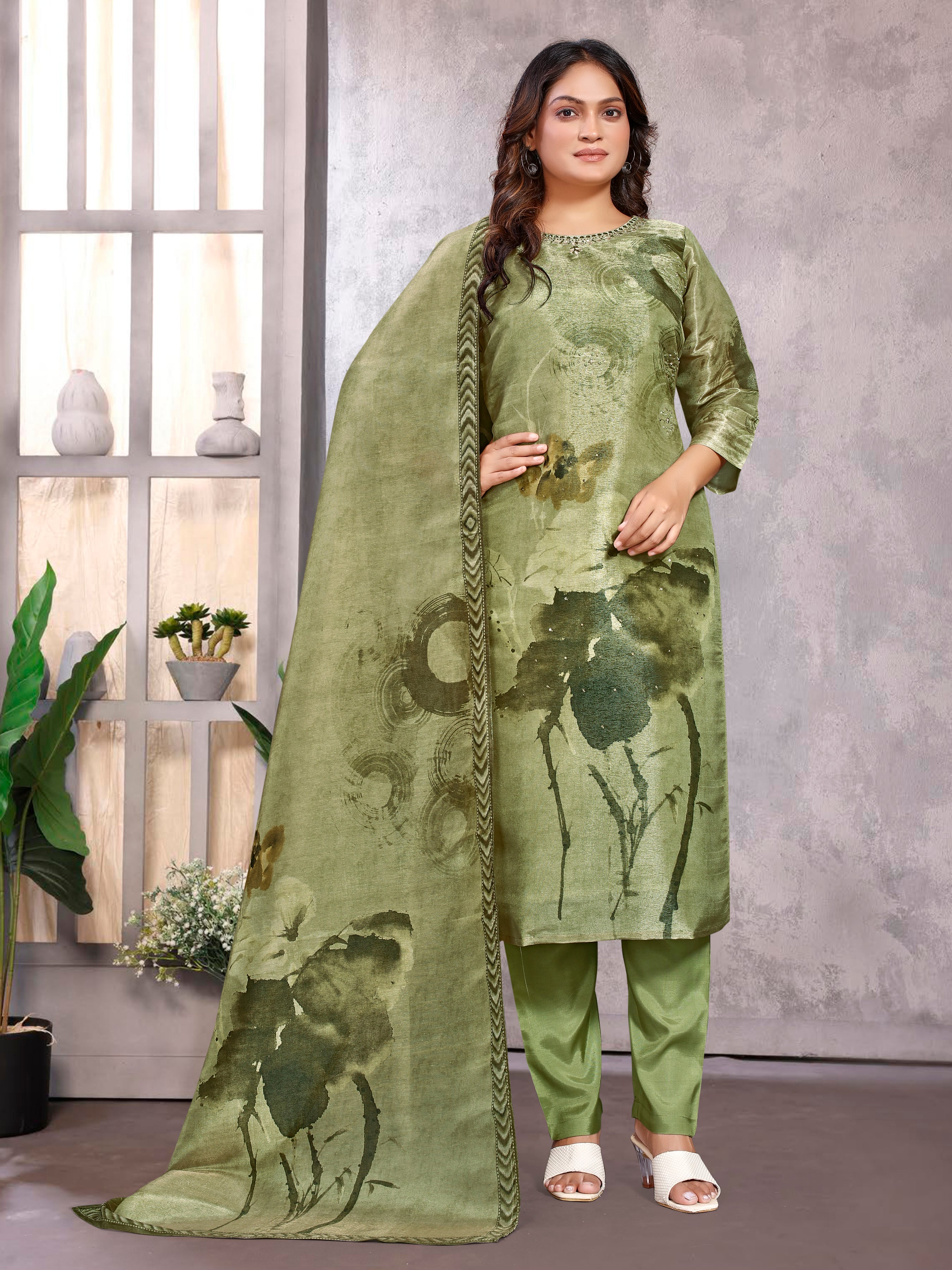 Golden Yellowpv Shmmer Three Pcs Suit With Shimmer Dupatta