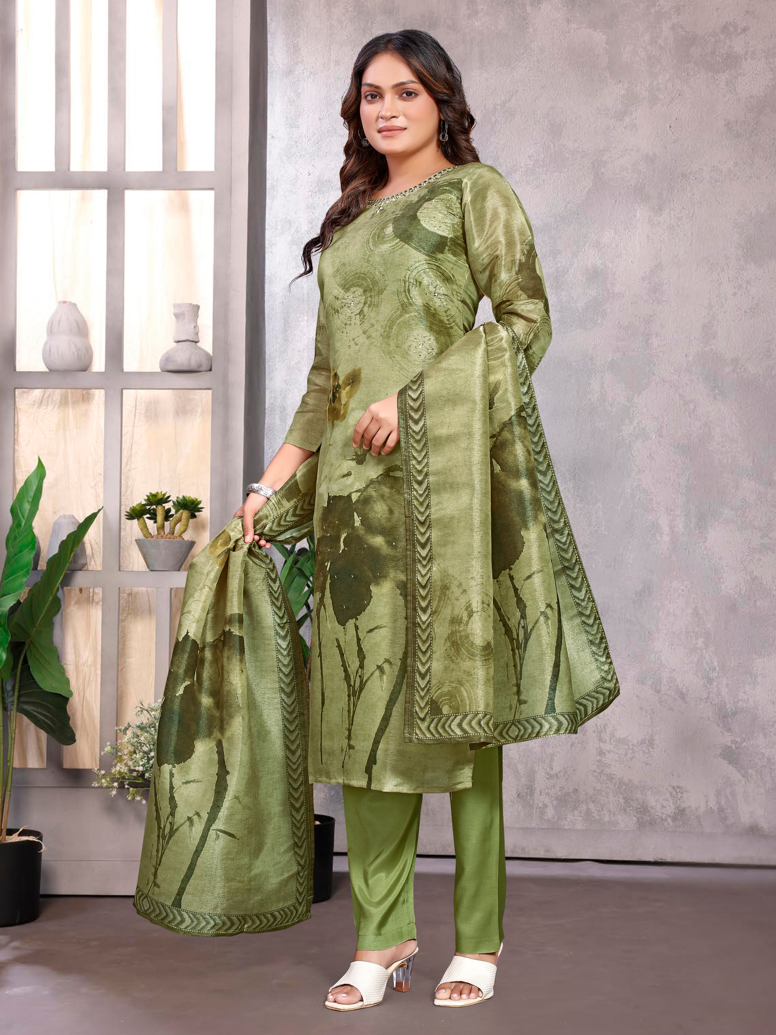 Golden Yellowpv Shmmer Three Pcs Suit With Shimmer Dupatta