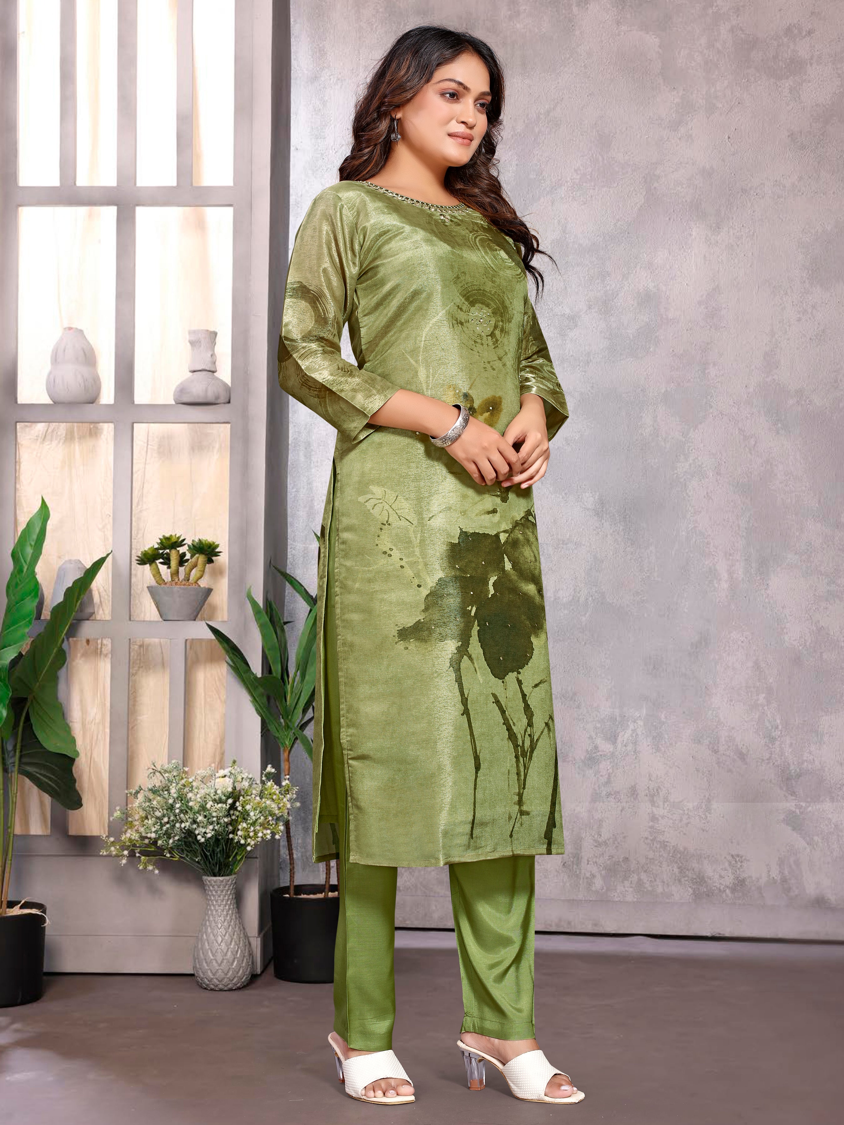 Golden Yellowpv Shmmer Three Pcs Suit With Shimmer Dupatta