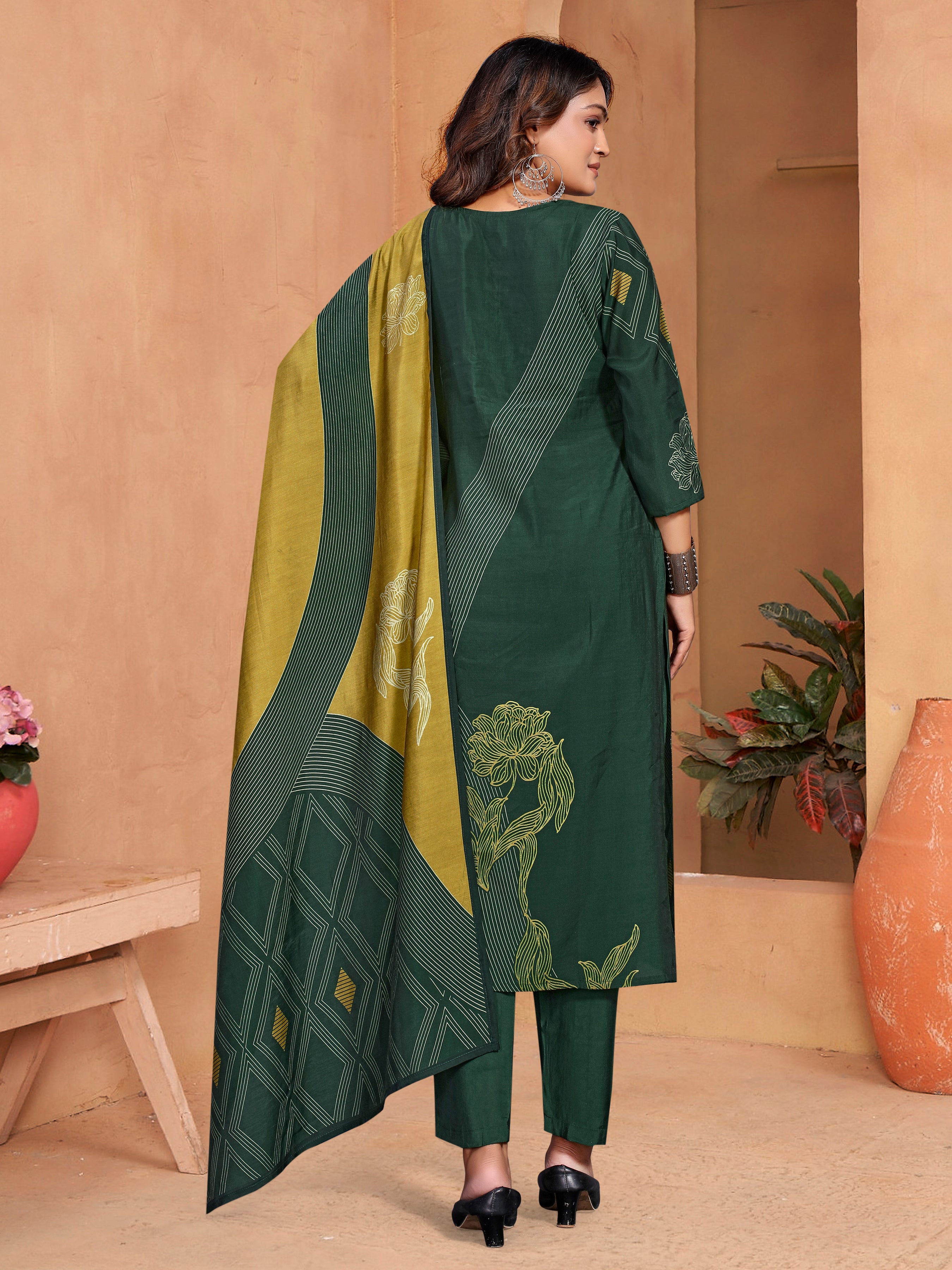 Green Roman Silk Three Pcs Suit With Roman Dupatta