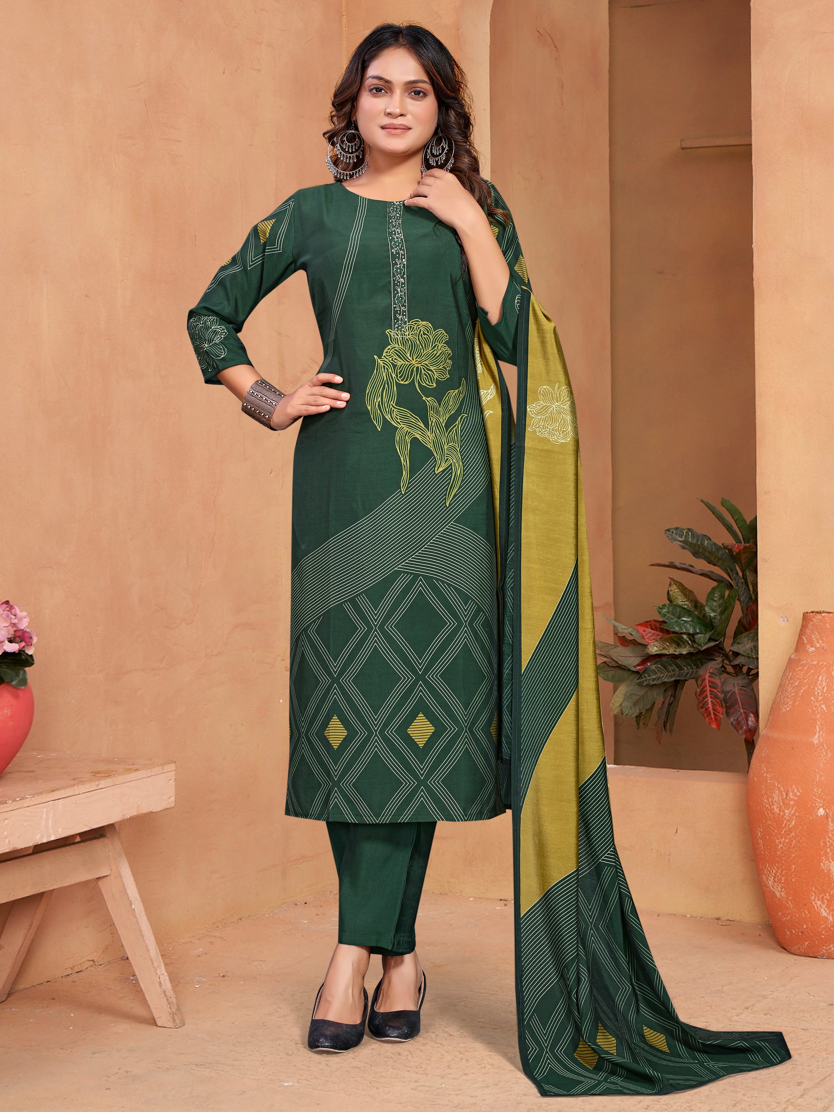 Green Roman Silk Three Pcs Suit With Roman Dupatta