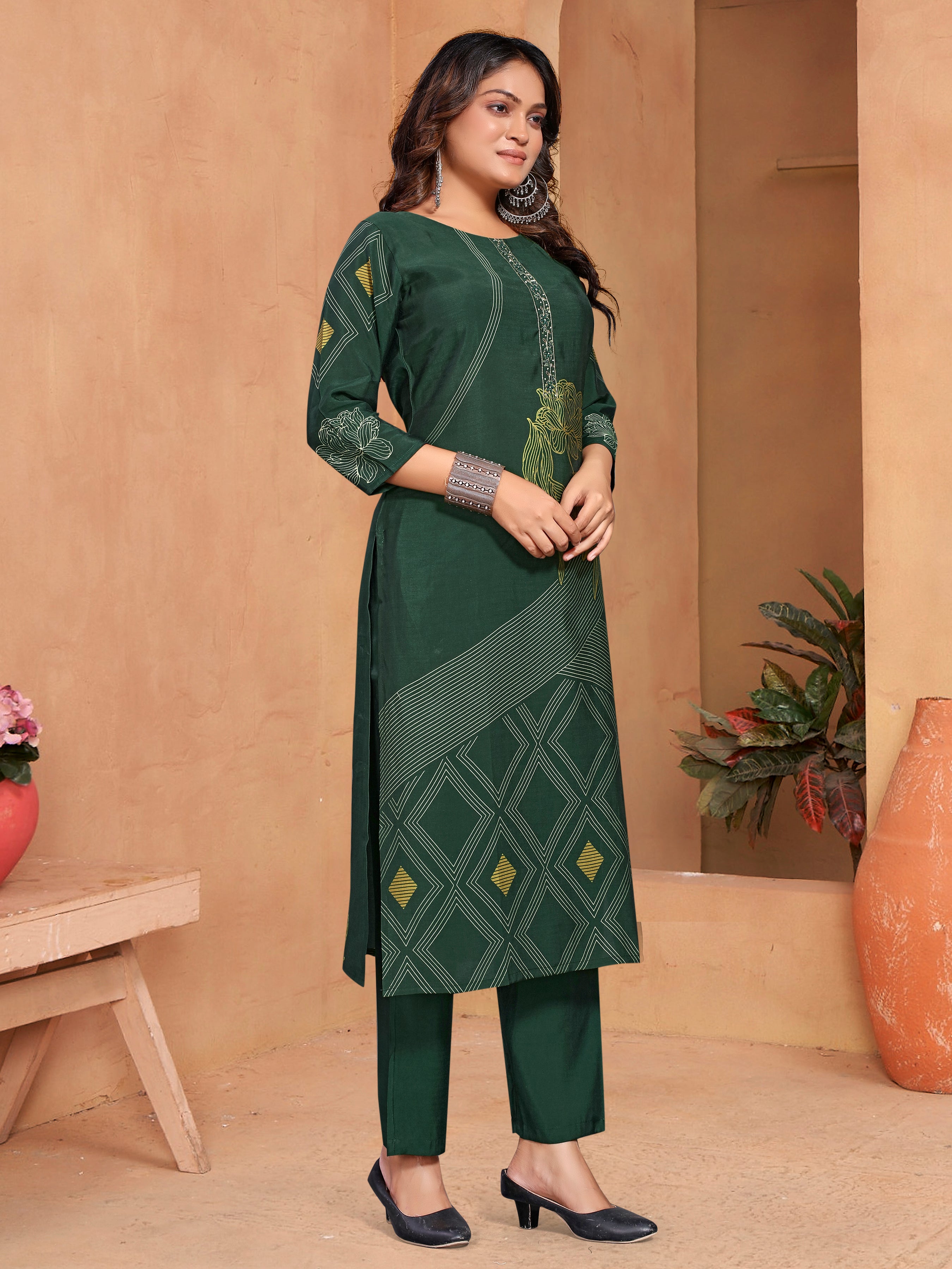 Green Roman Silk Three Pcs Suit With Roman Dupatta