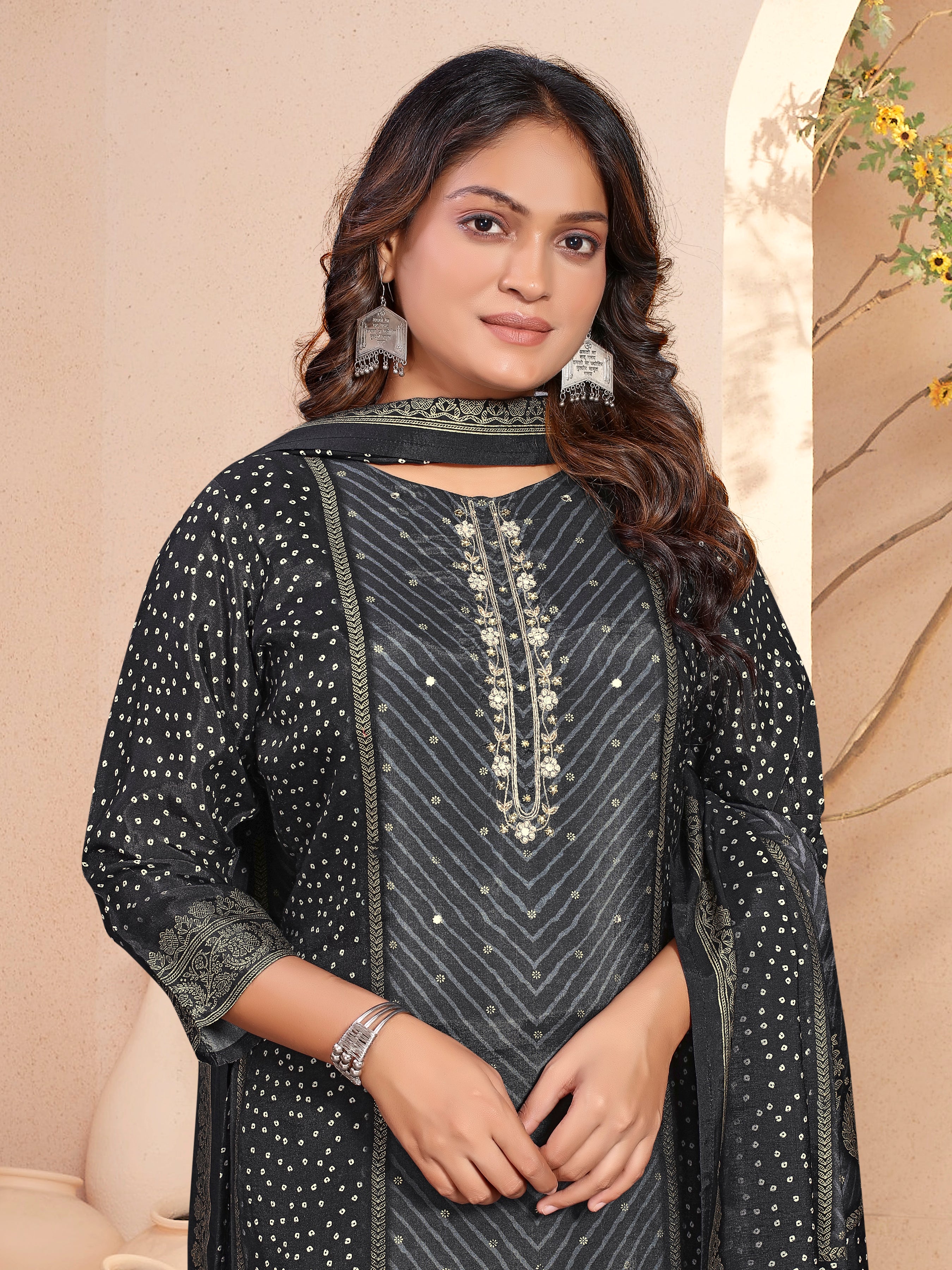 Black Pure Masleen With Jackard Foil Three Pcs Suit With Masleen Dupatta