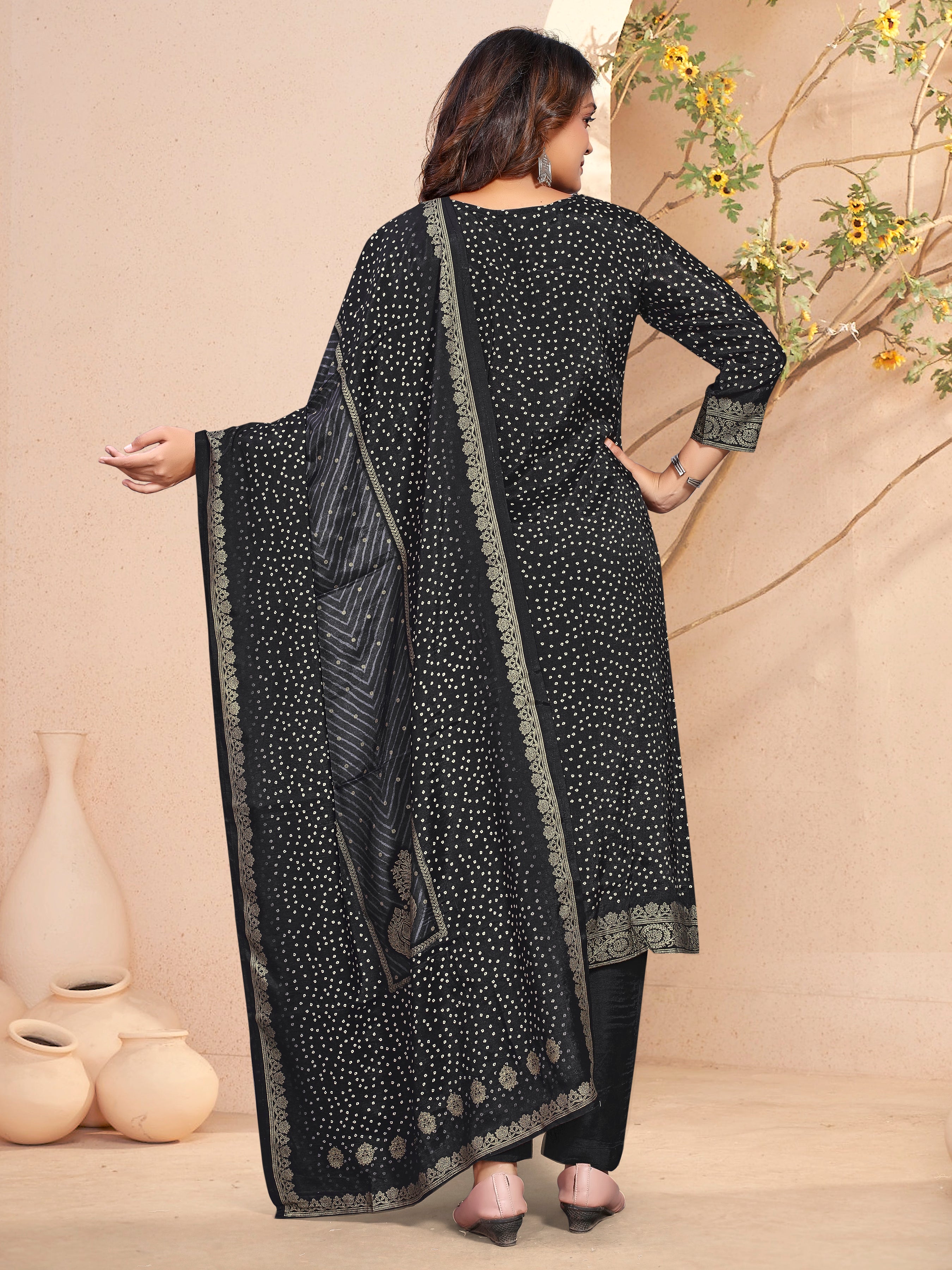 Black Pure Masleen With Jackard Foil Three Pcs Suit With Masleen Dupatta