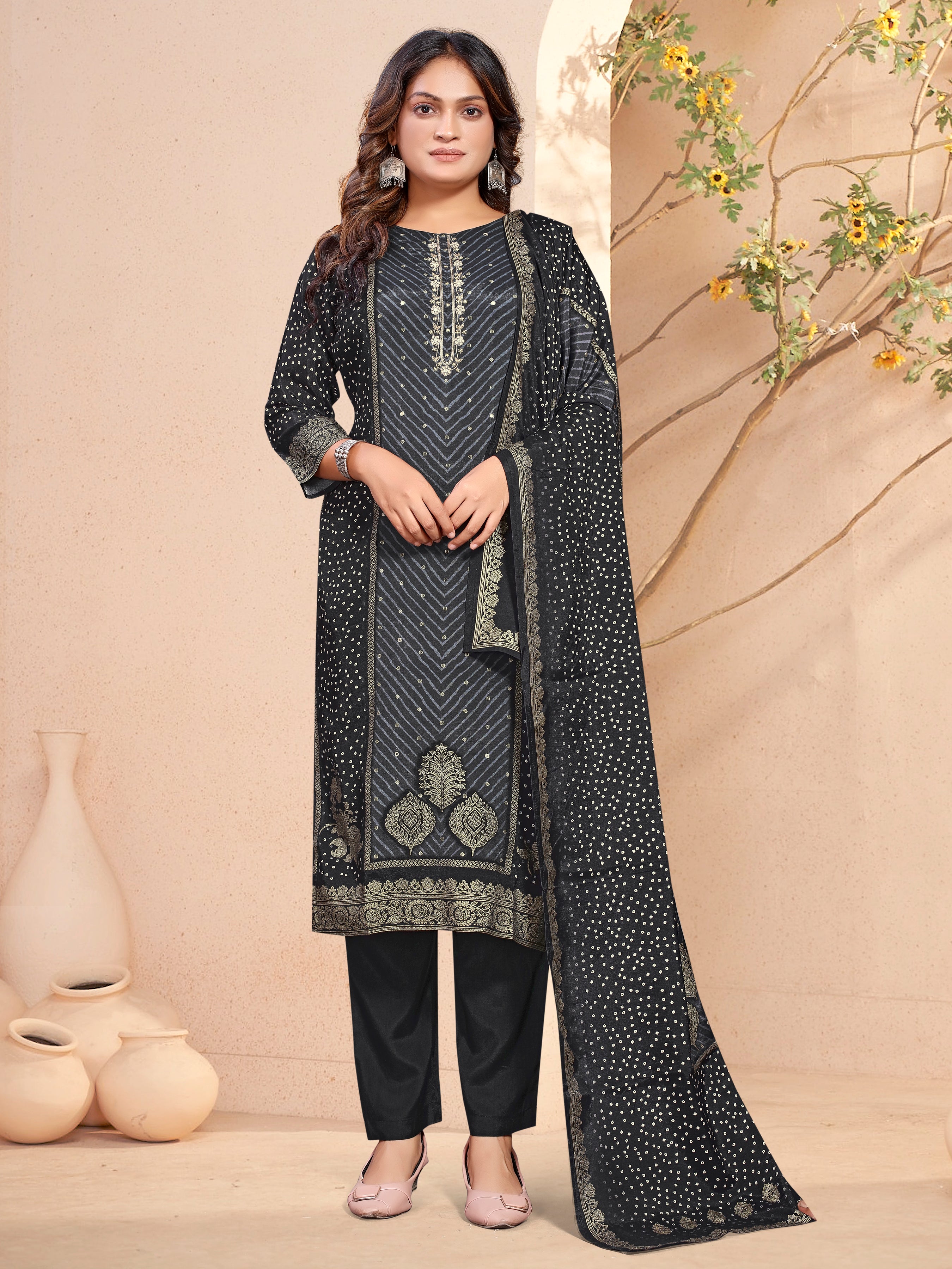 Black Pure Masleen With Jackard Foil Three Pcs Suit With Masleen Dupatta