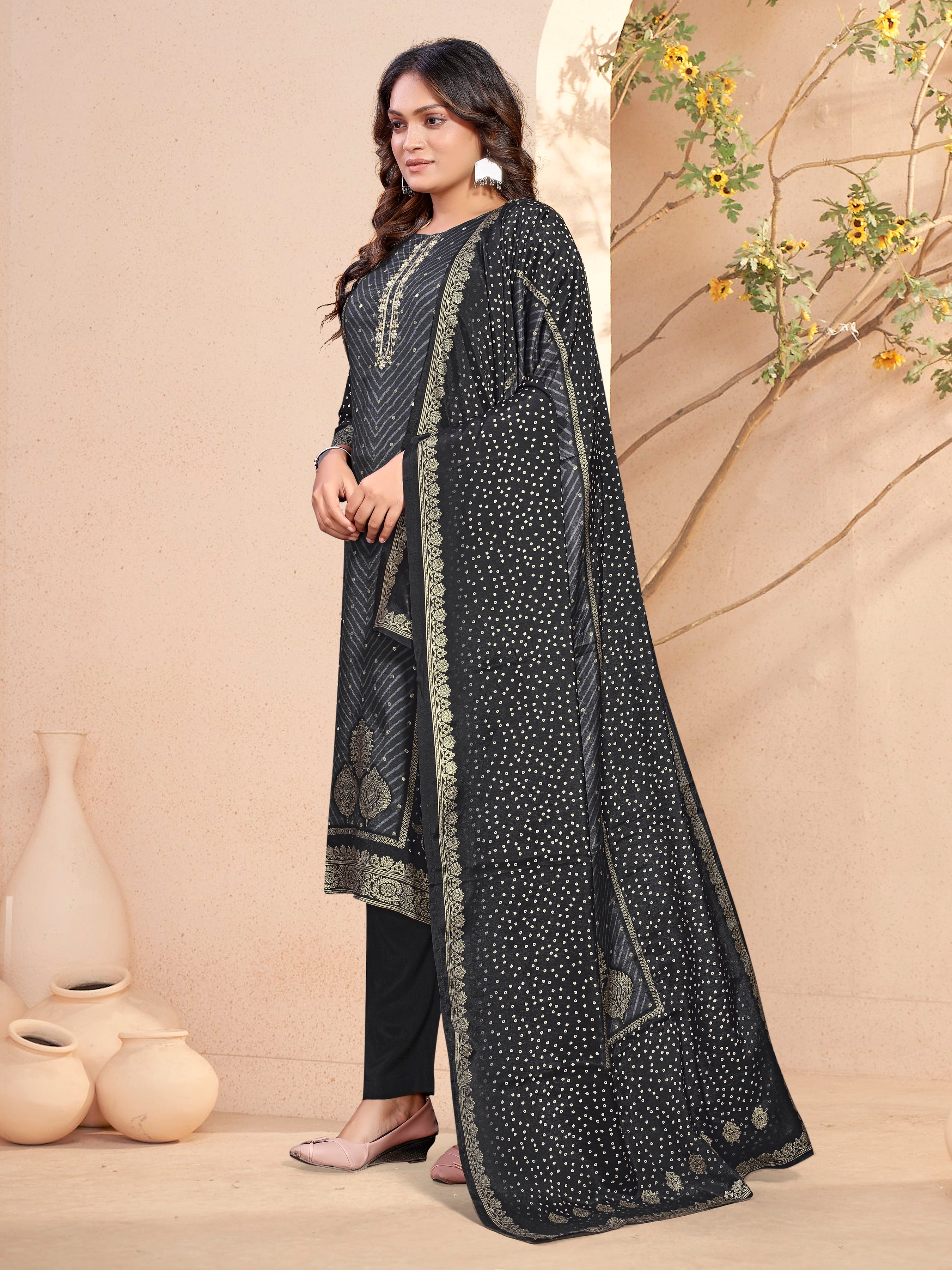 Black Pure Masleen With Jackard Foil Three Pcs Suit With Masleen Dupatta