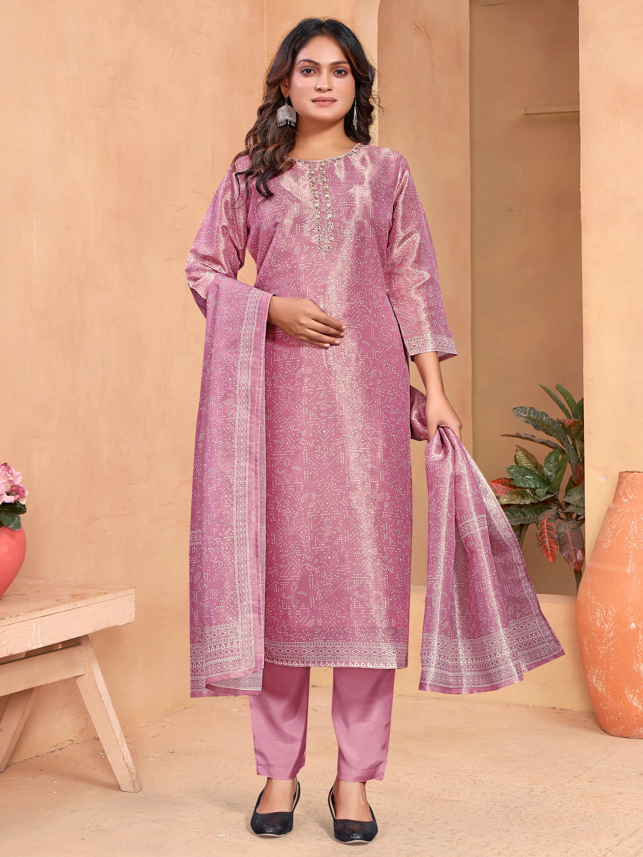 Purple Pv Shimmer Three Pcs Suit With Shimmer Dupatta