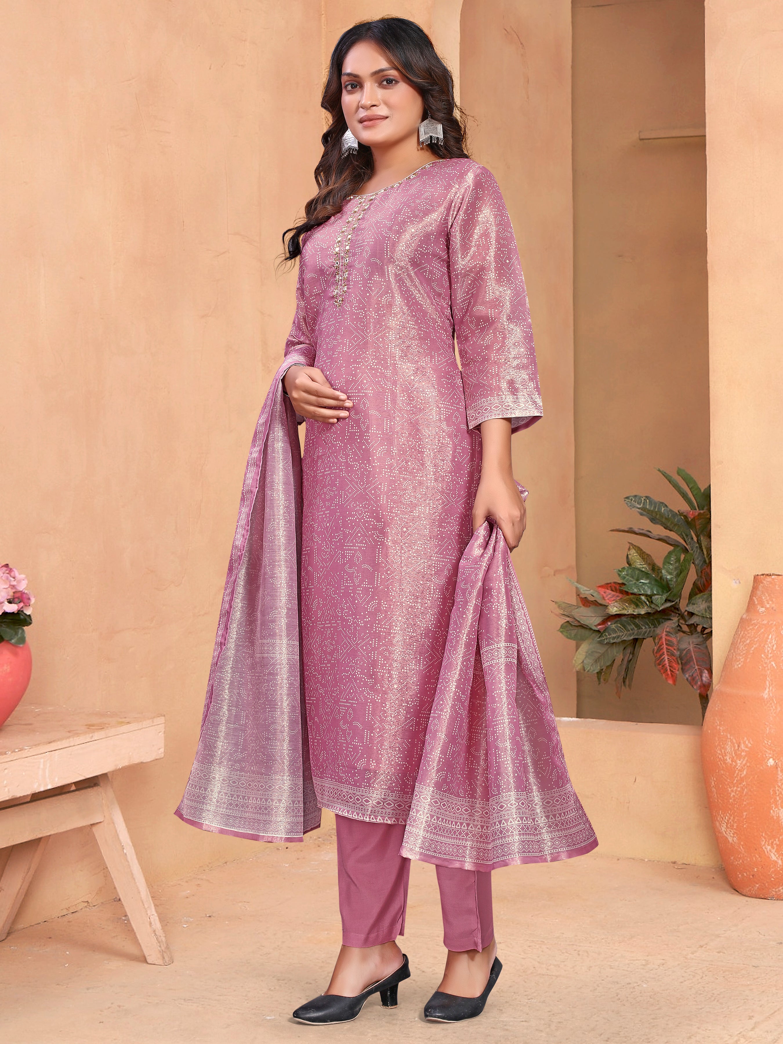 Purple Pv Shimmer Three Pcs Suit With Shimmer Dupatta