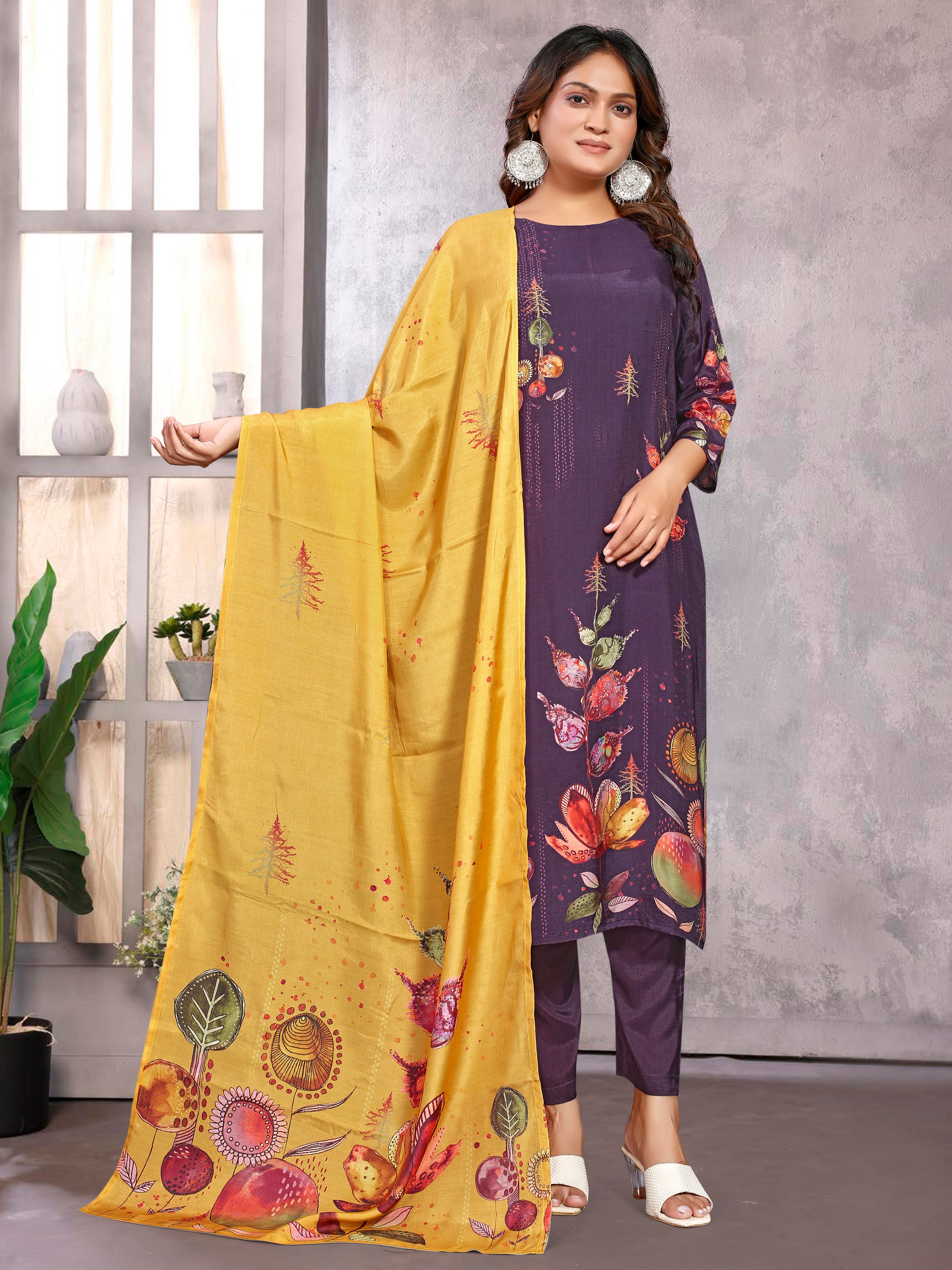 Purple Pure Masleen Three Pcs Suit With Masleen Dupatta