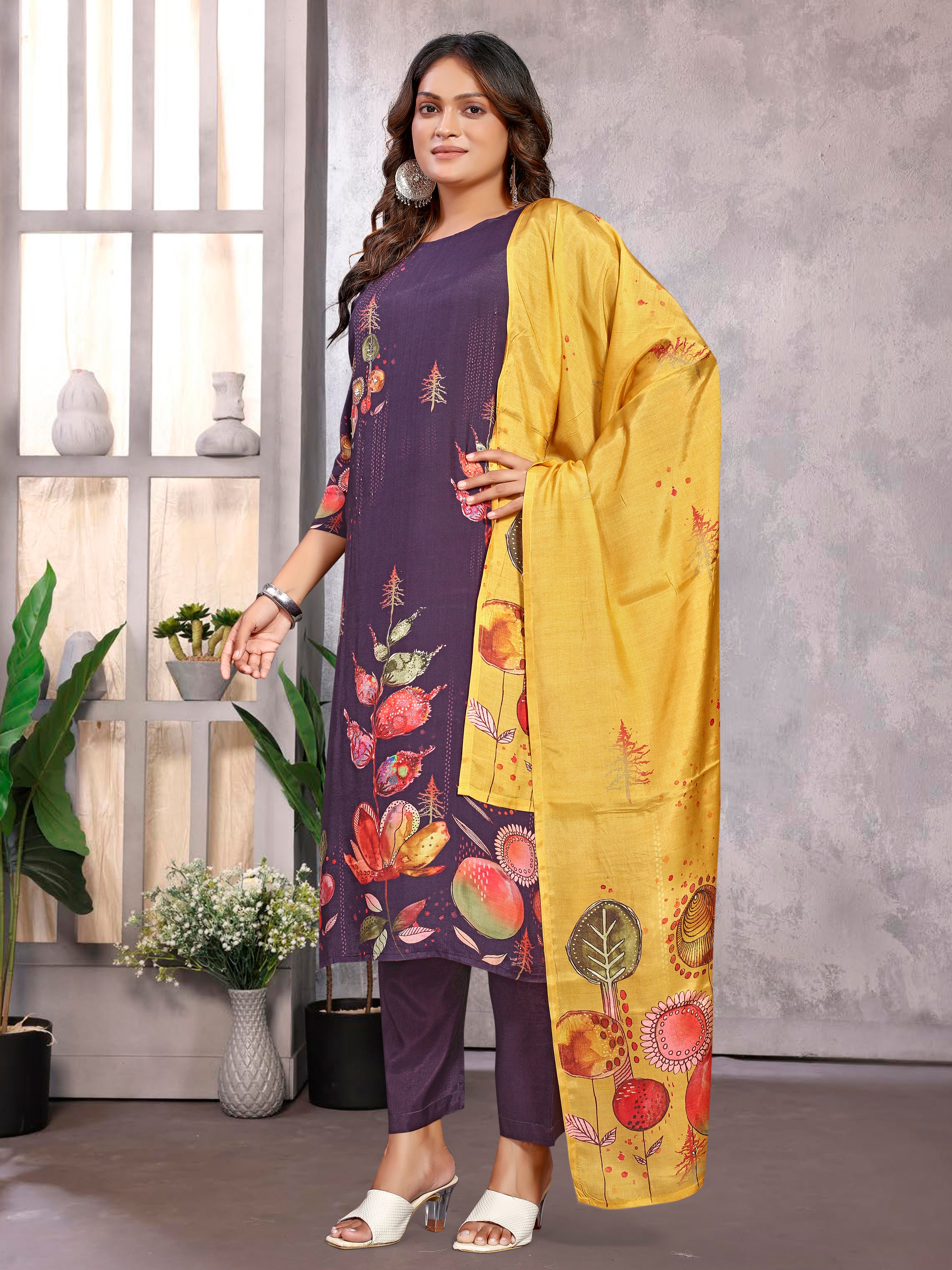 Purple Pure Masleen Three Pcs Suit With Masleen Dupatta