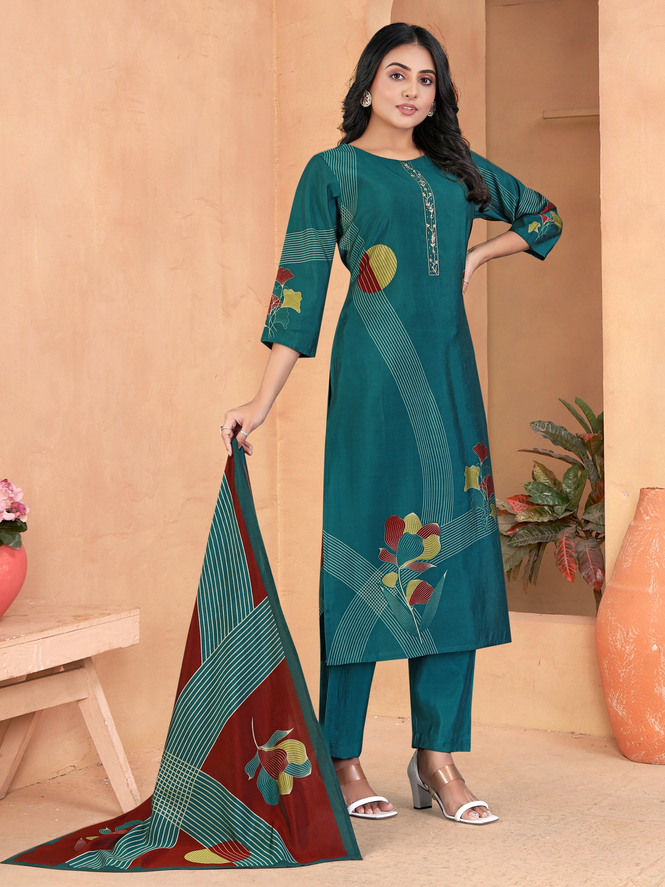Blue Roman Silk 3 Pcs Suit
