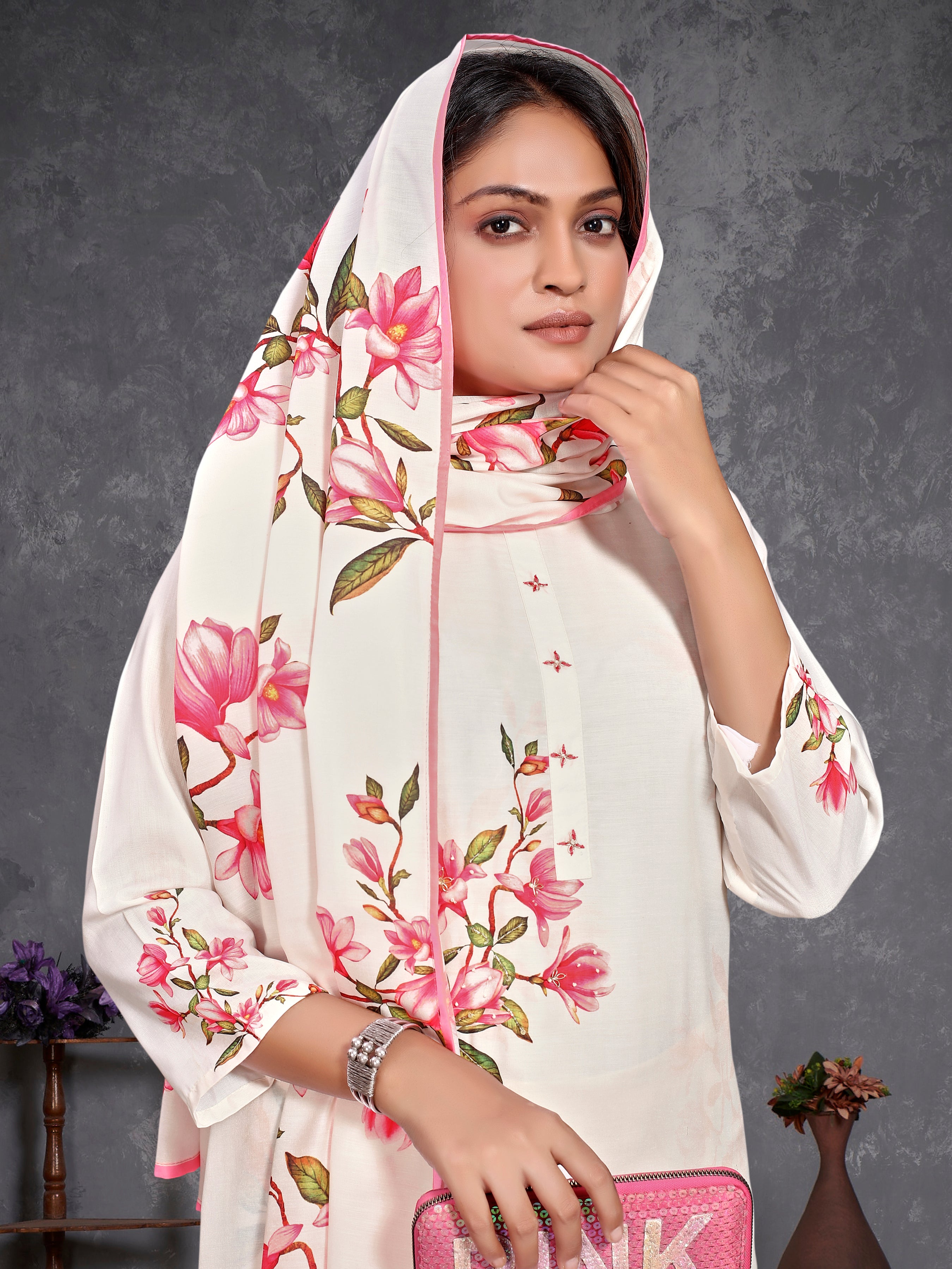 White Pv Masleen Three Pcs Suit With Masleen Dupatta