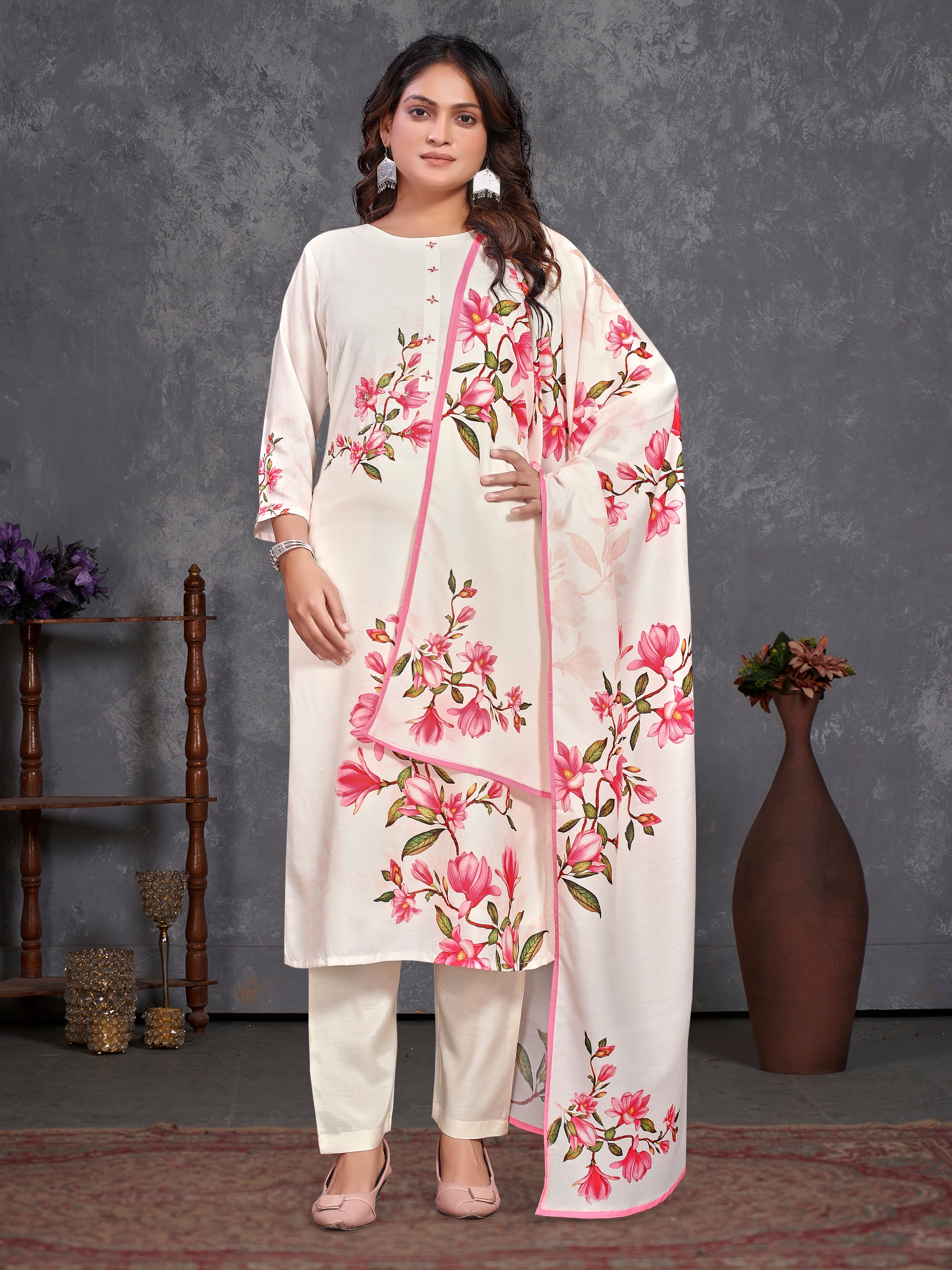 White Pv Masleen Three Pcs Suit With Masleen Dupatta