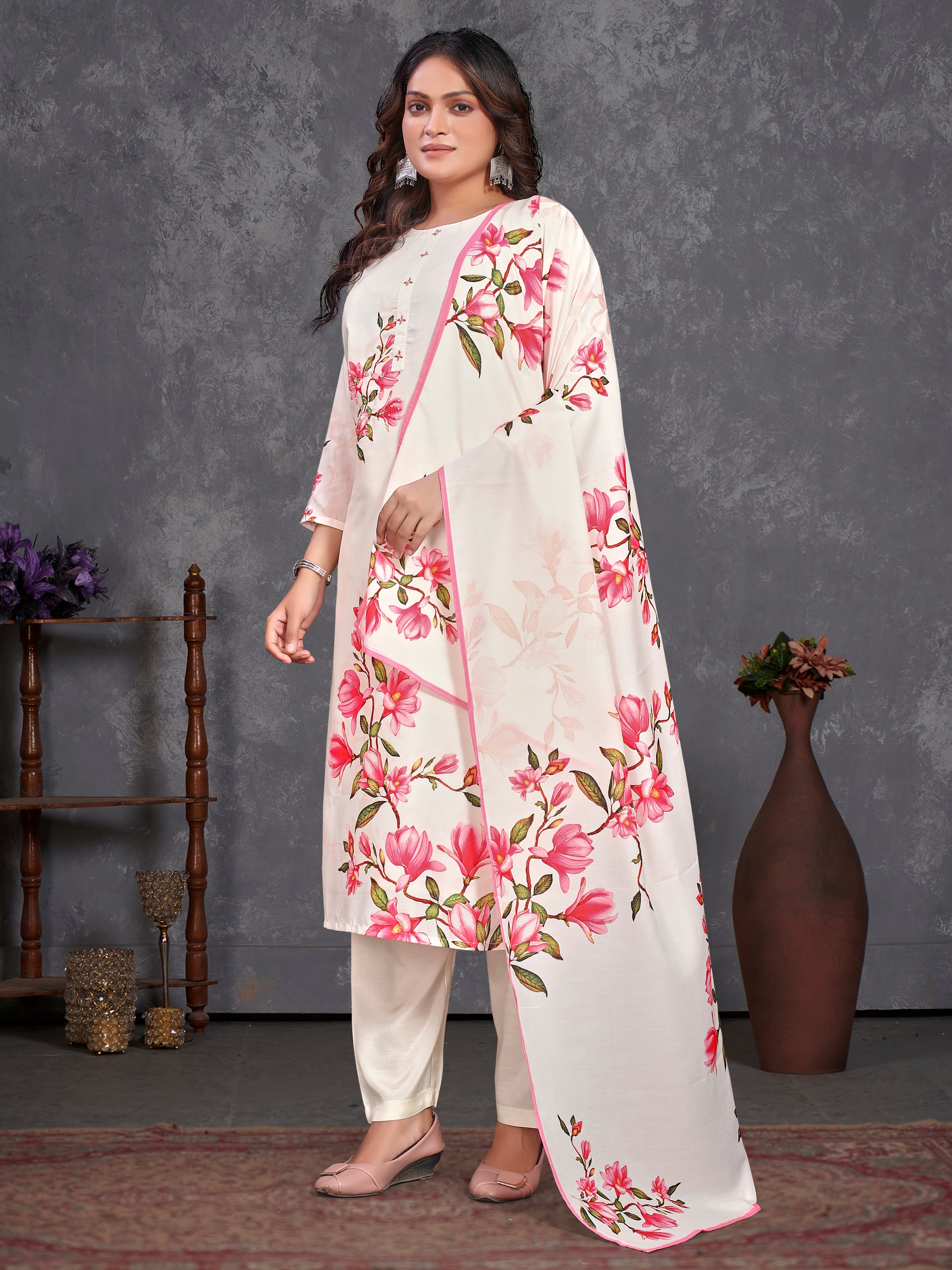 White Pv Masleen Three Pcs Suit With Masleen Dupatta
