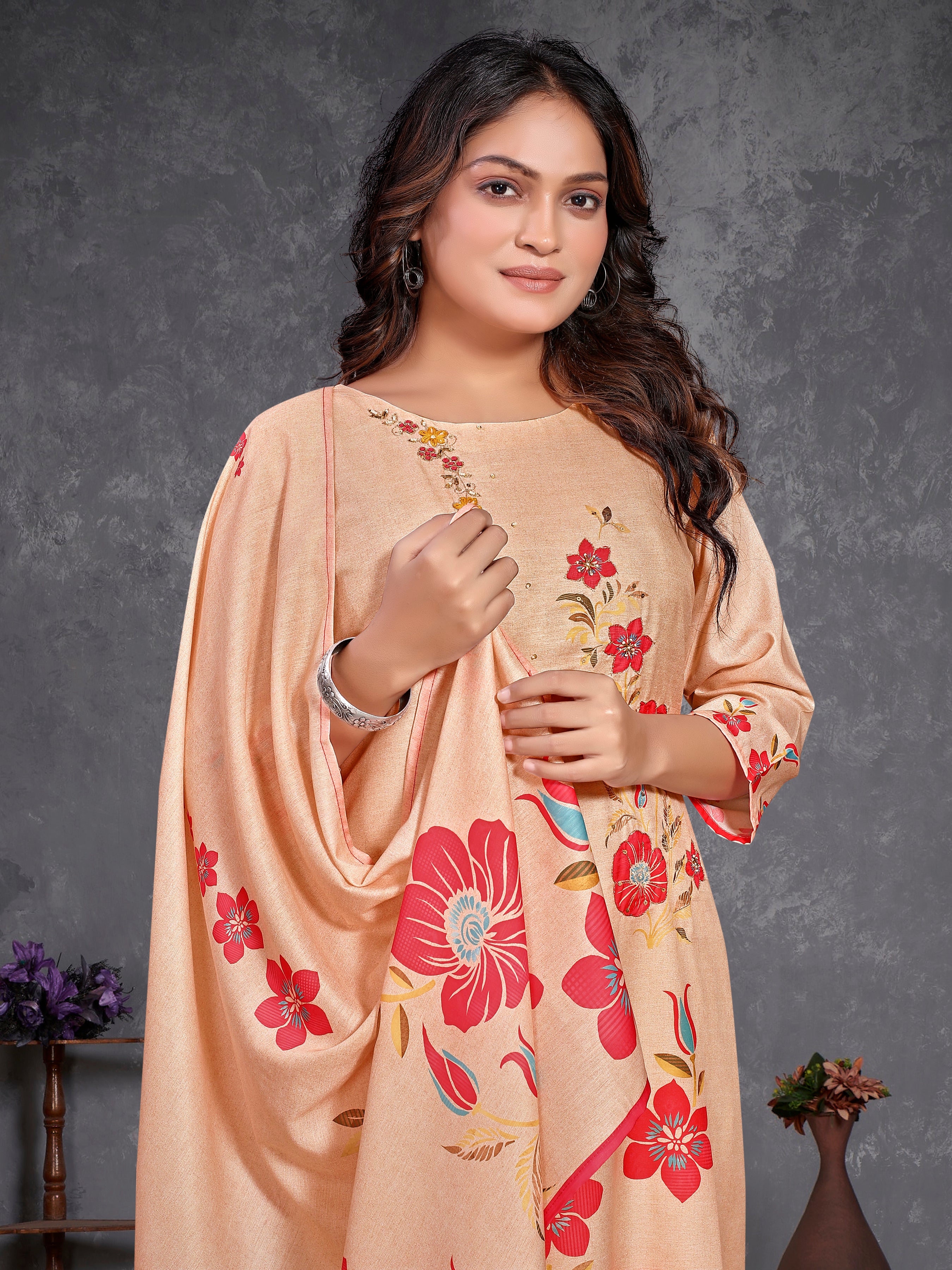 Peach Pv Masleen Three Pcs Suit With Masleen Dupatta