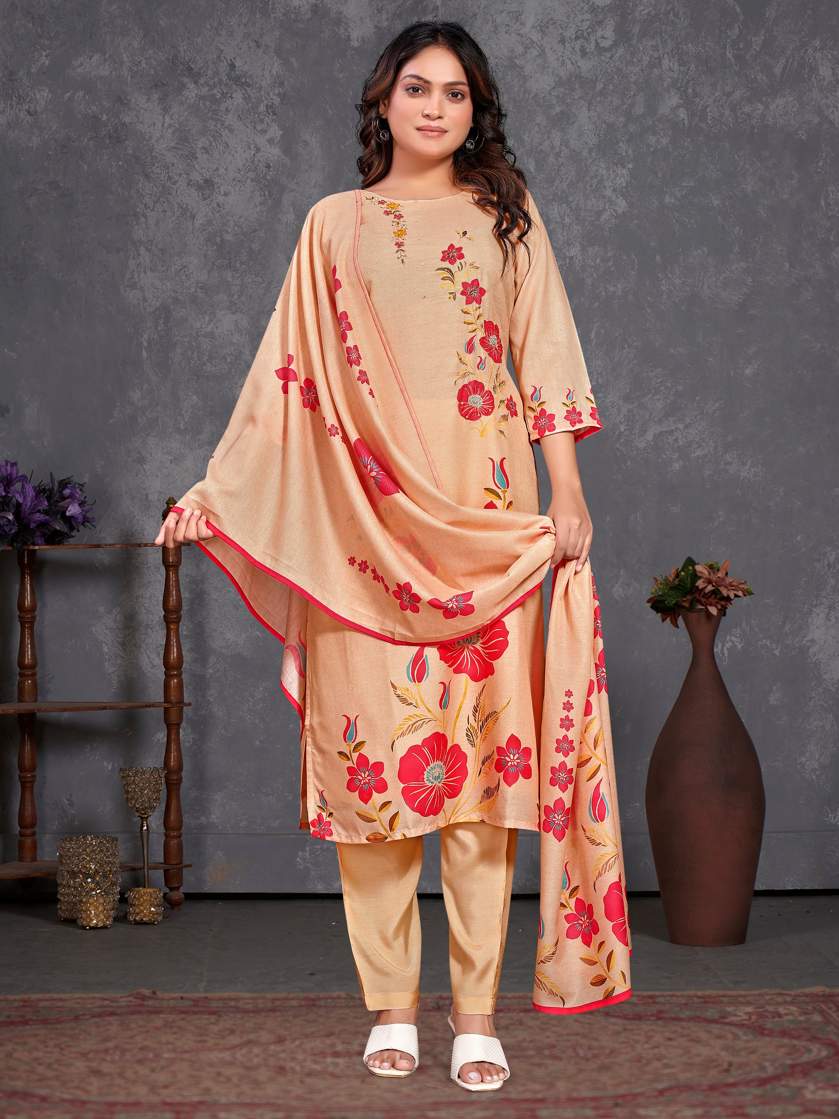 Peach Pv Masleen Three Pcs Suit With Masleen Dupatta