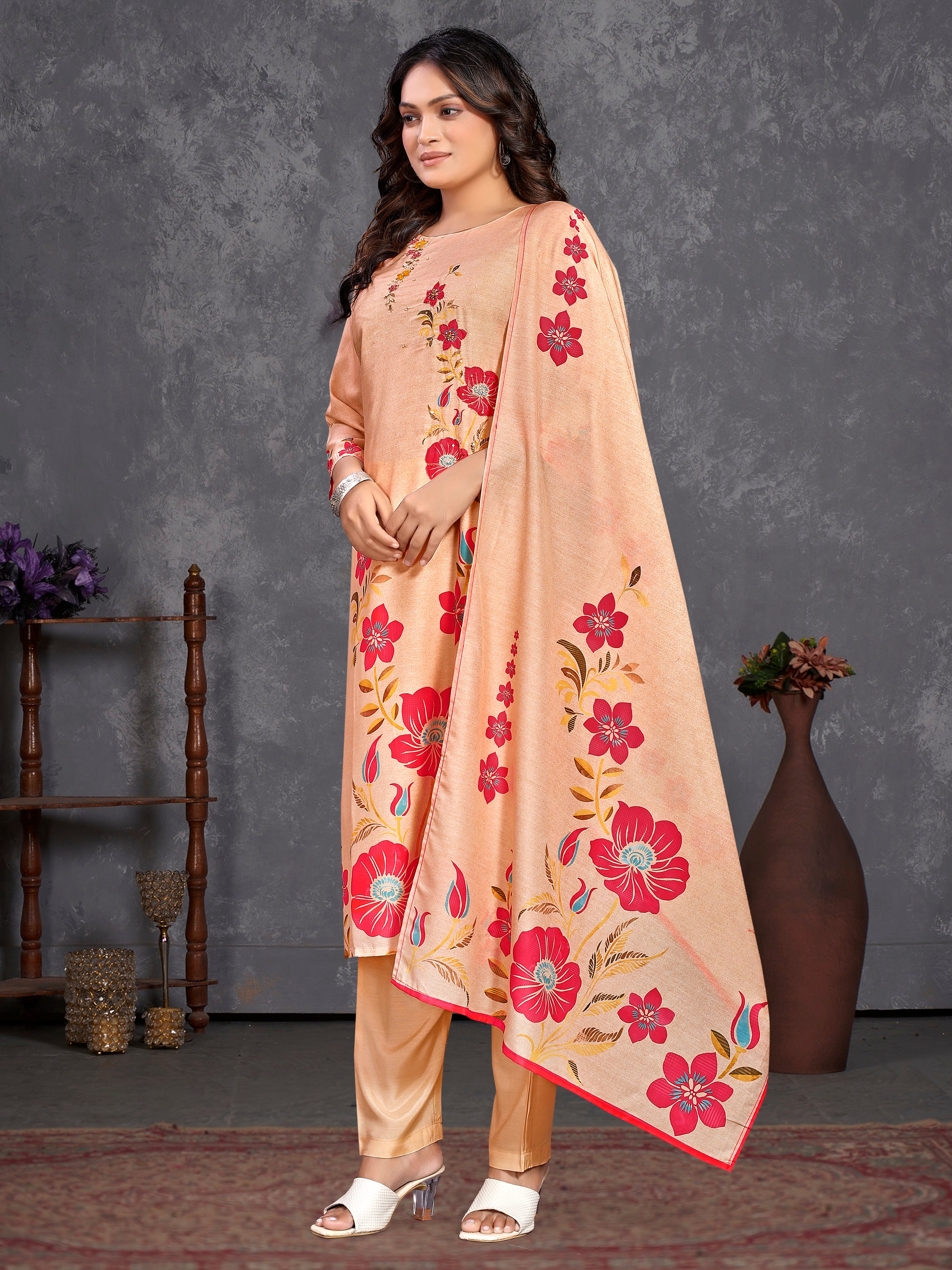 Peach Pv Masleen Three Pcs Suit With Masleen Dupatta