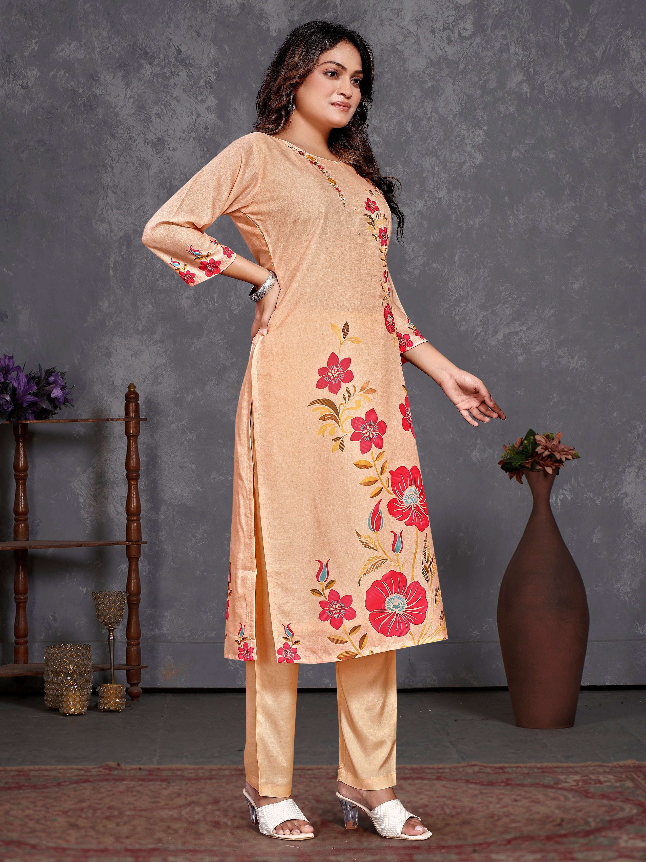 Peach Pv Masleen Three Pcs Suit With Masleen Dupatta