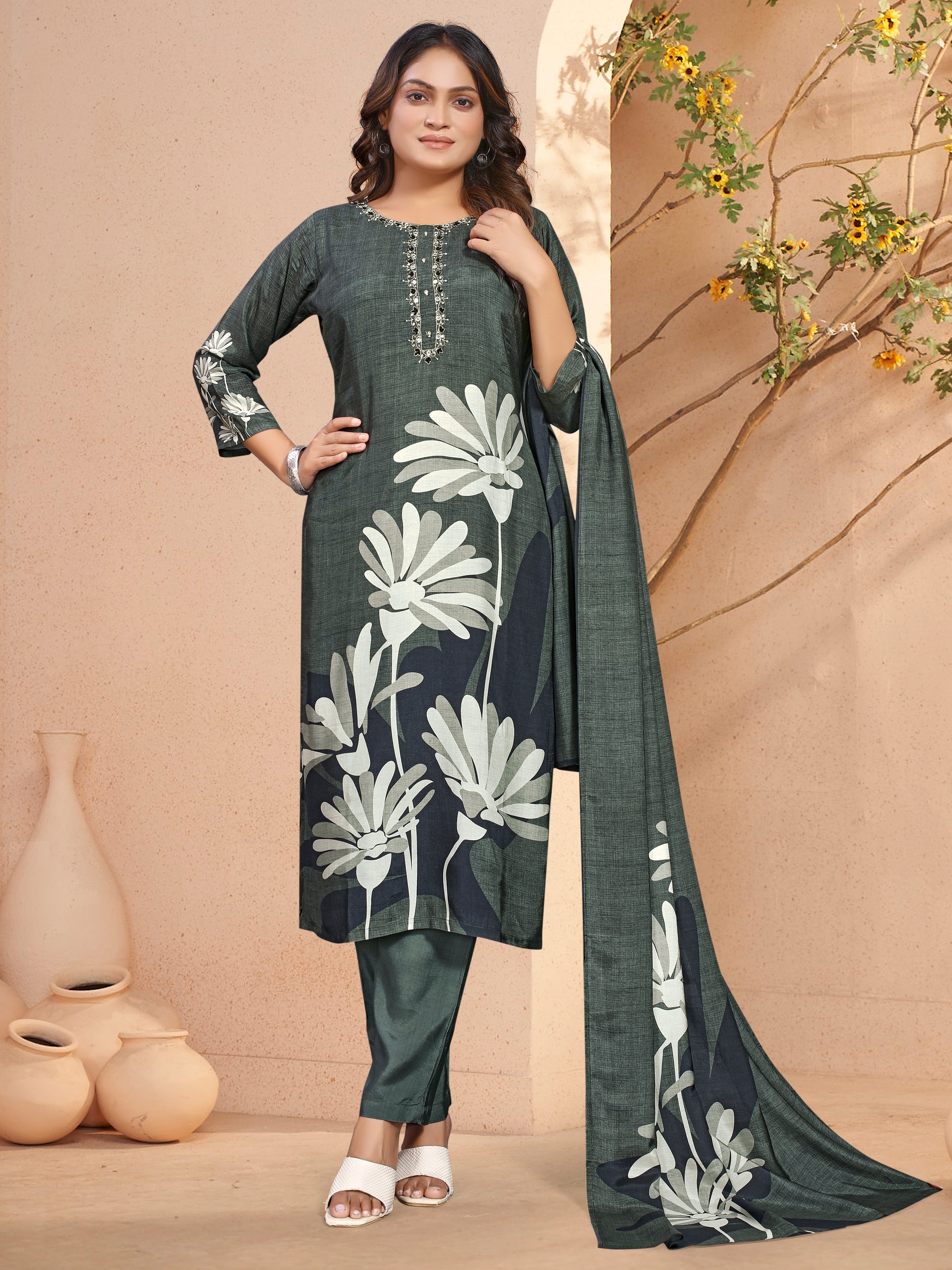 Black Pure Masleen Three Pcs Suit With Masleen Dupatta