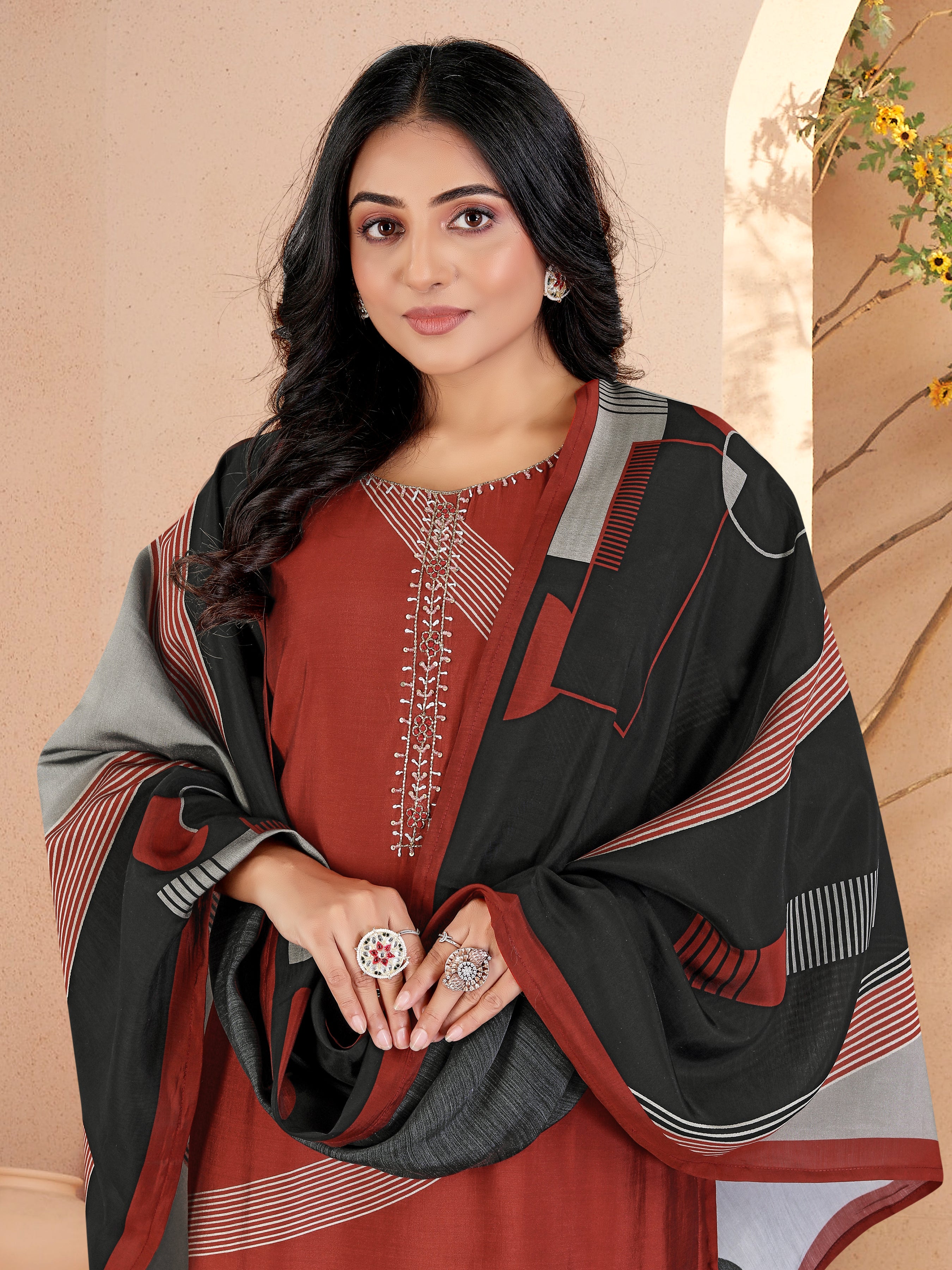 Orange Roman Silk 3 Pcs Suit