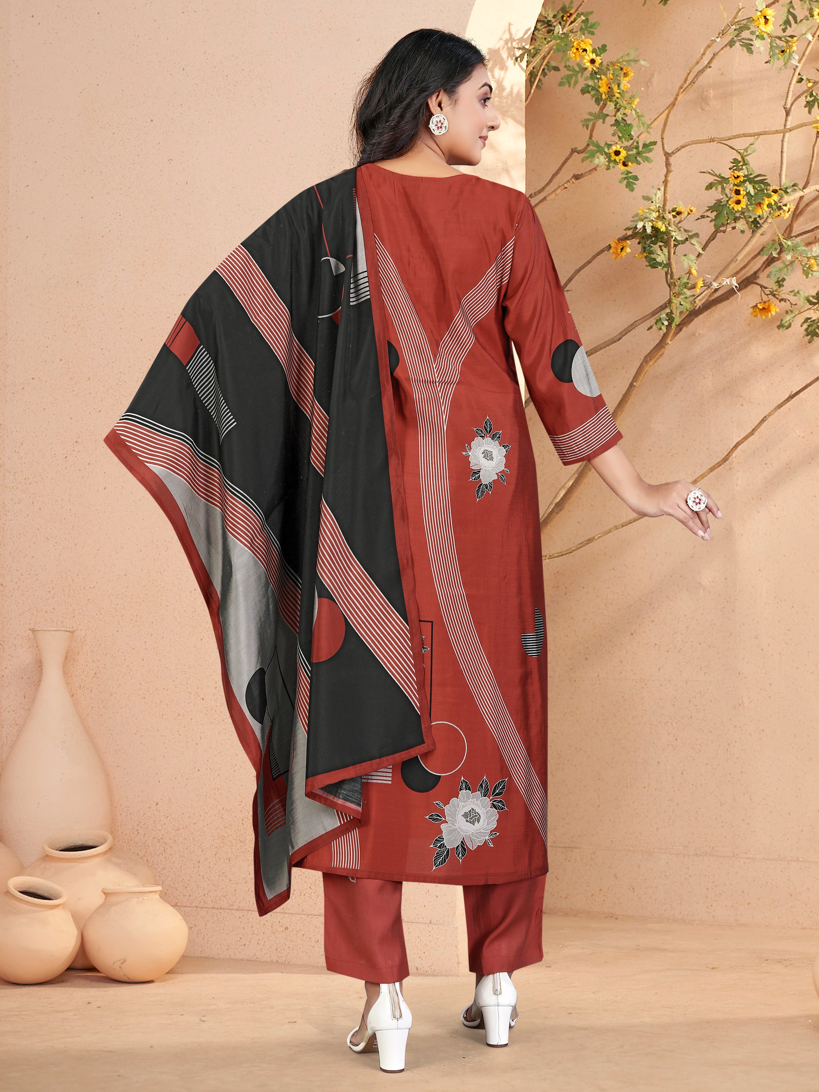 Orange Roman Silk 3 Pcs Suit