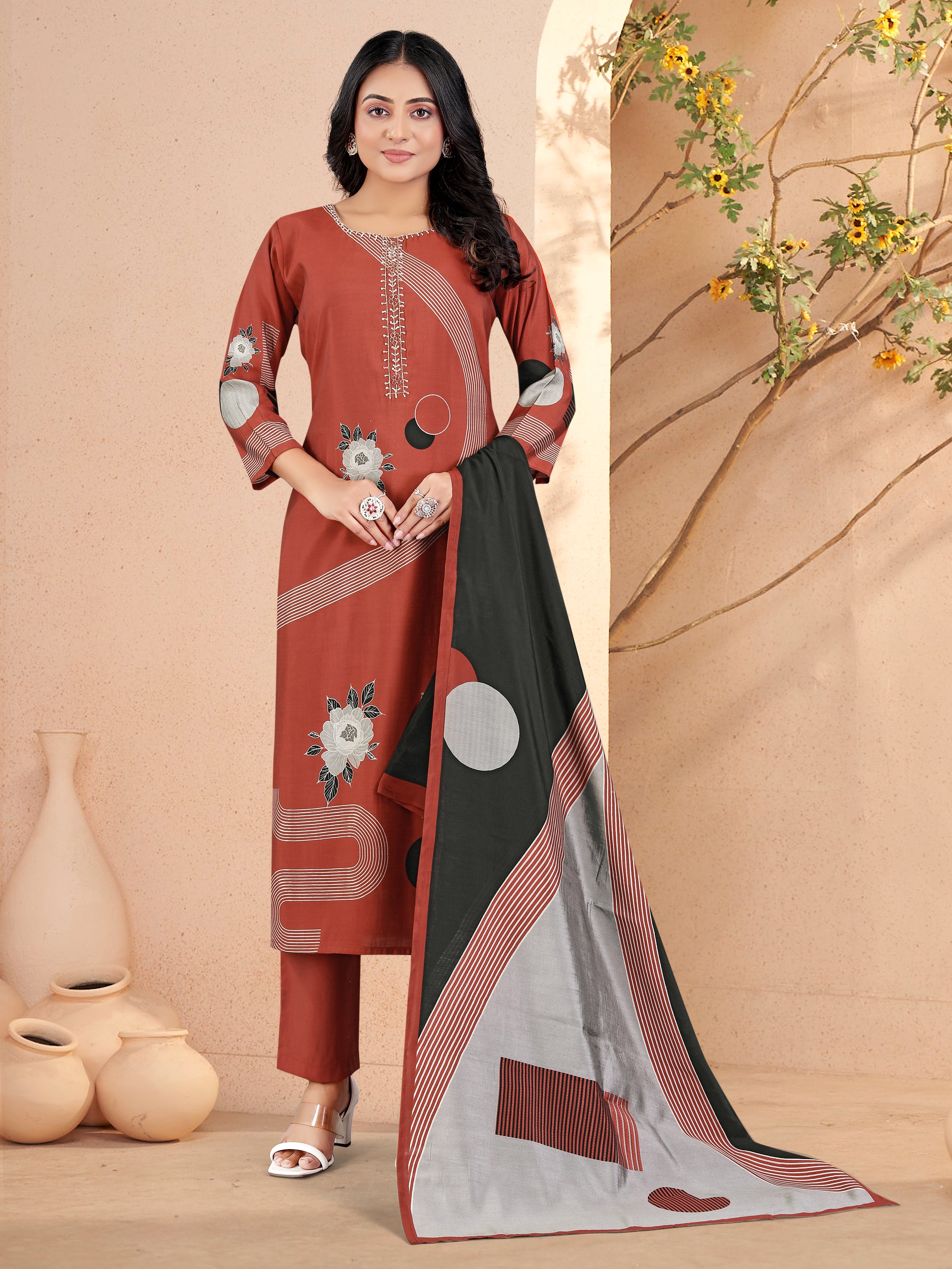 Orange Roman Silk 3 Pcs Suit