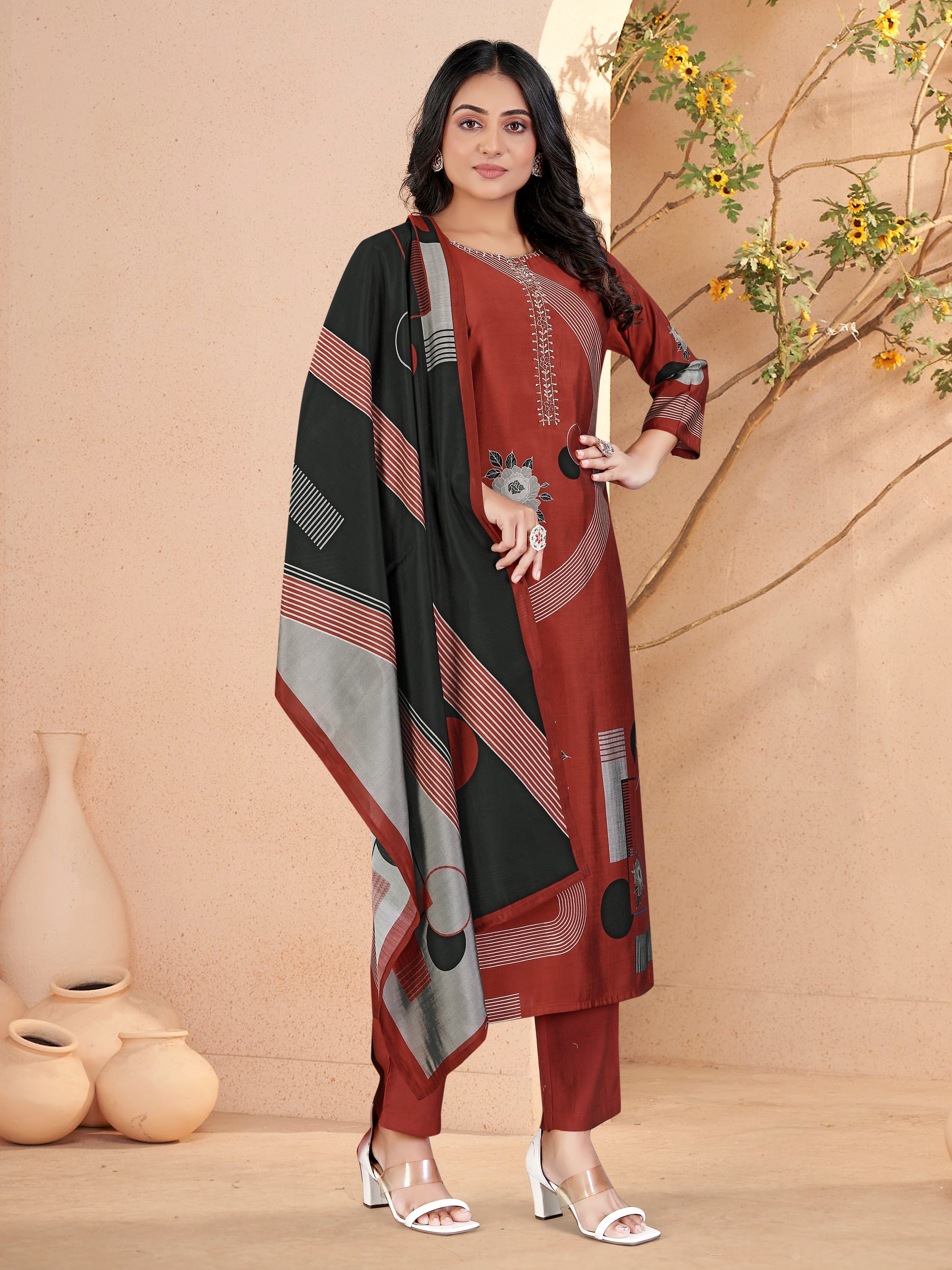 Orange Roman Silk 3 Pcs Suit