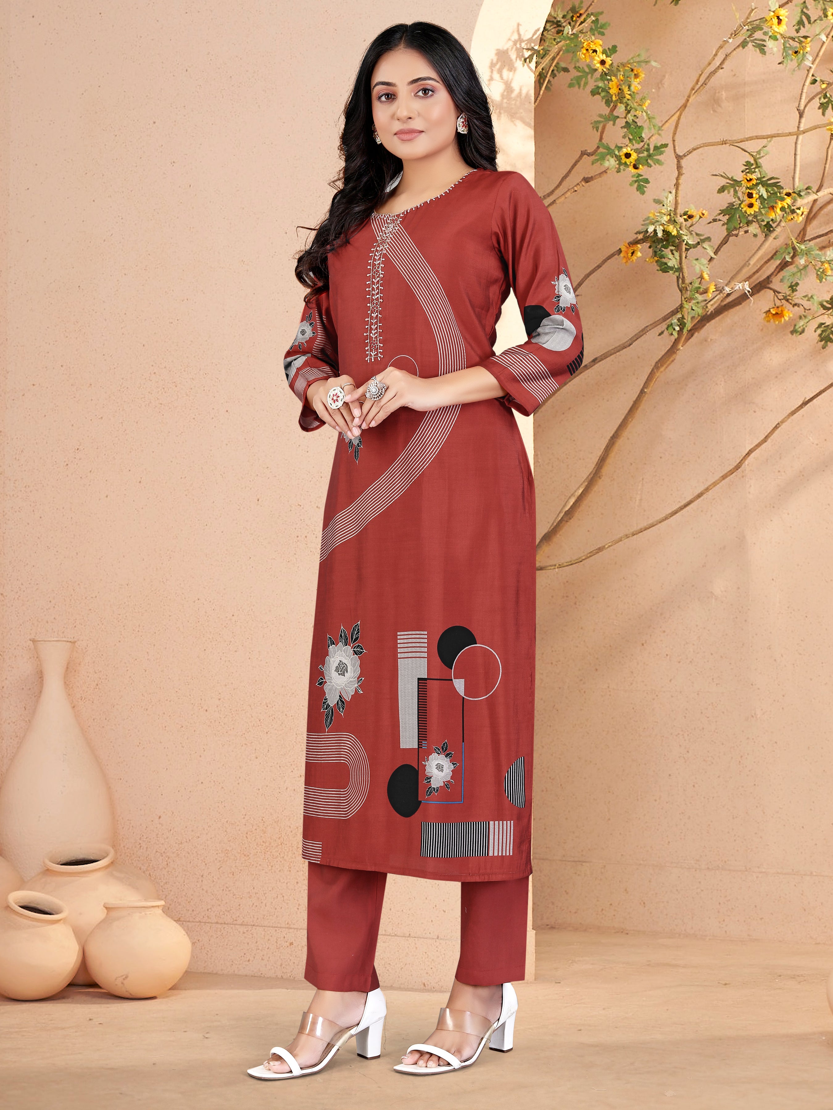 Orange Roman Silk 3 Pcs Suit