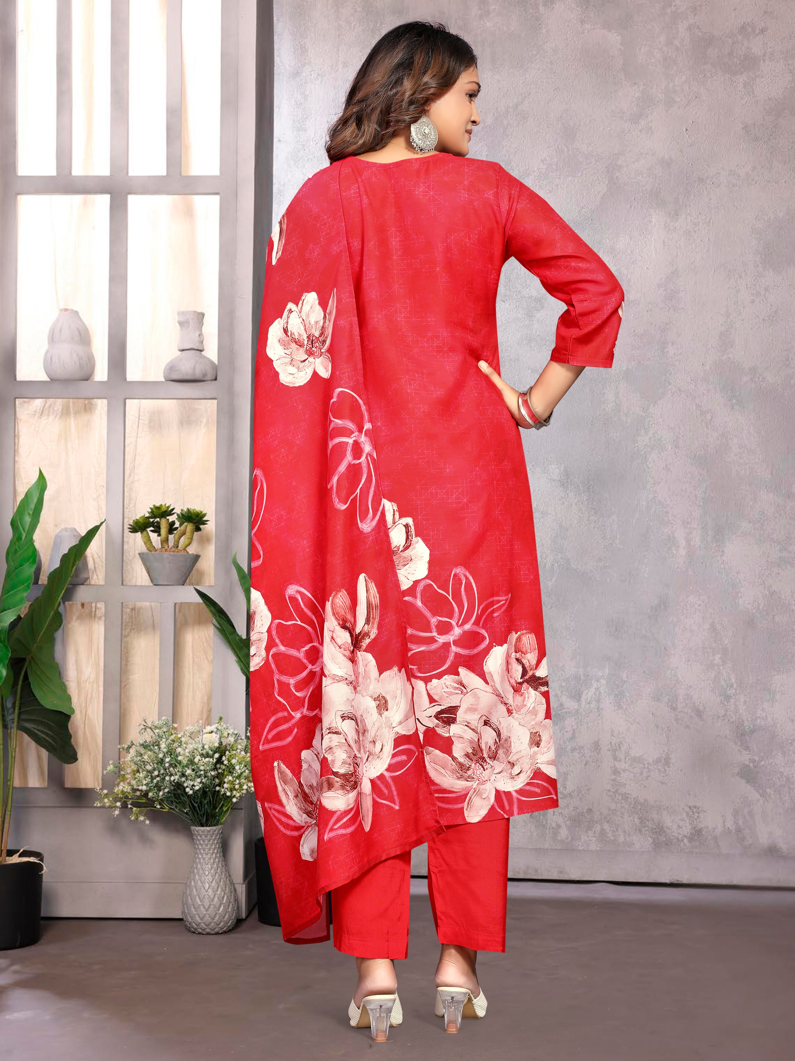 Red Pv Masleen Three Pcs Suit With Masleen Dupatta