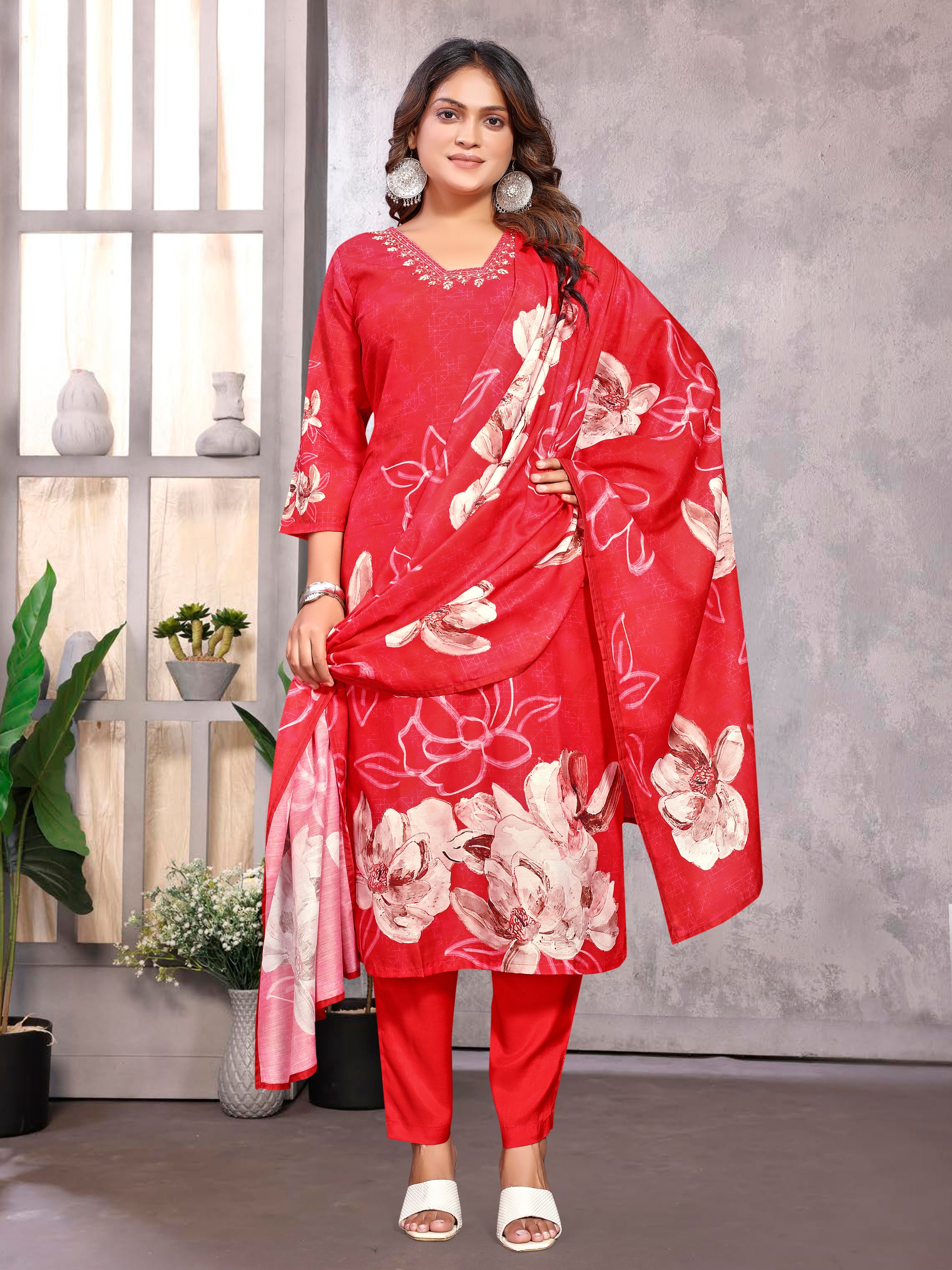 Red Pv Masleen Three Pcs Suit With Masleen Dupatta