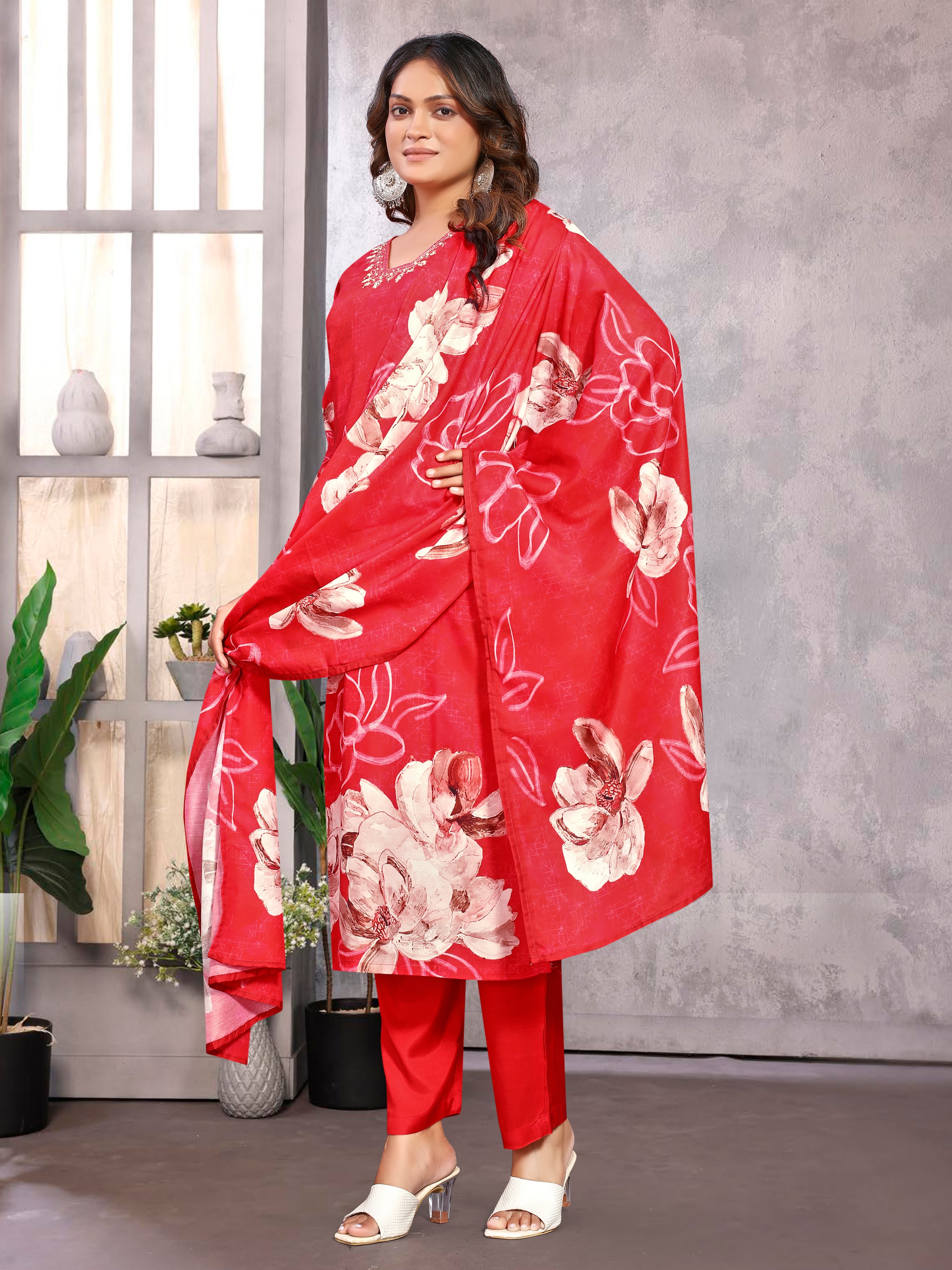 Red Pv Masleen Three Pcs Suit With Masleen Dupatta