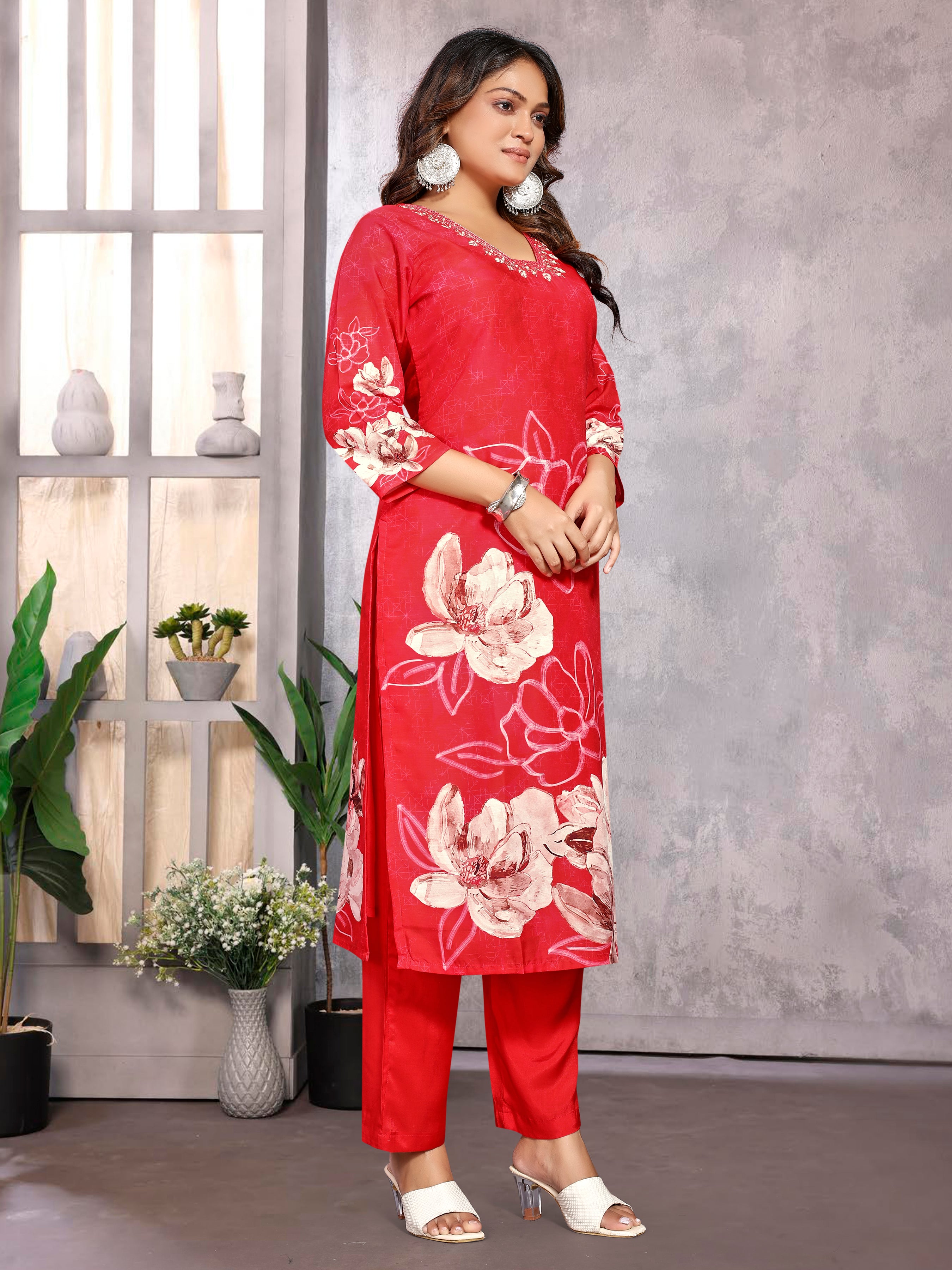 Red Pv Masleen Three Pcs Suit With Masleen Dupatta
