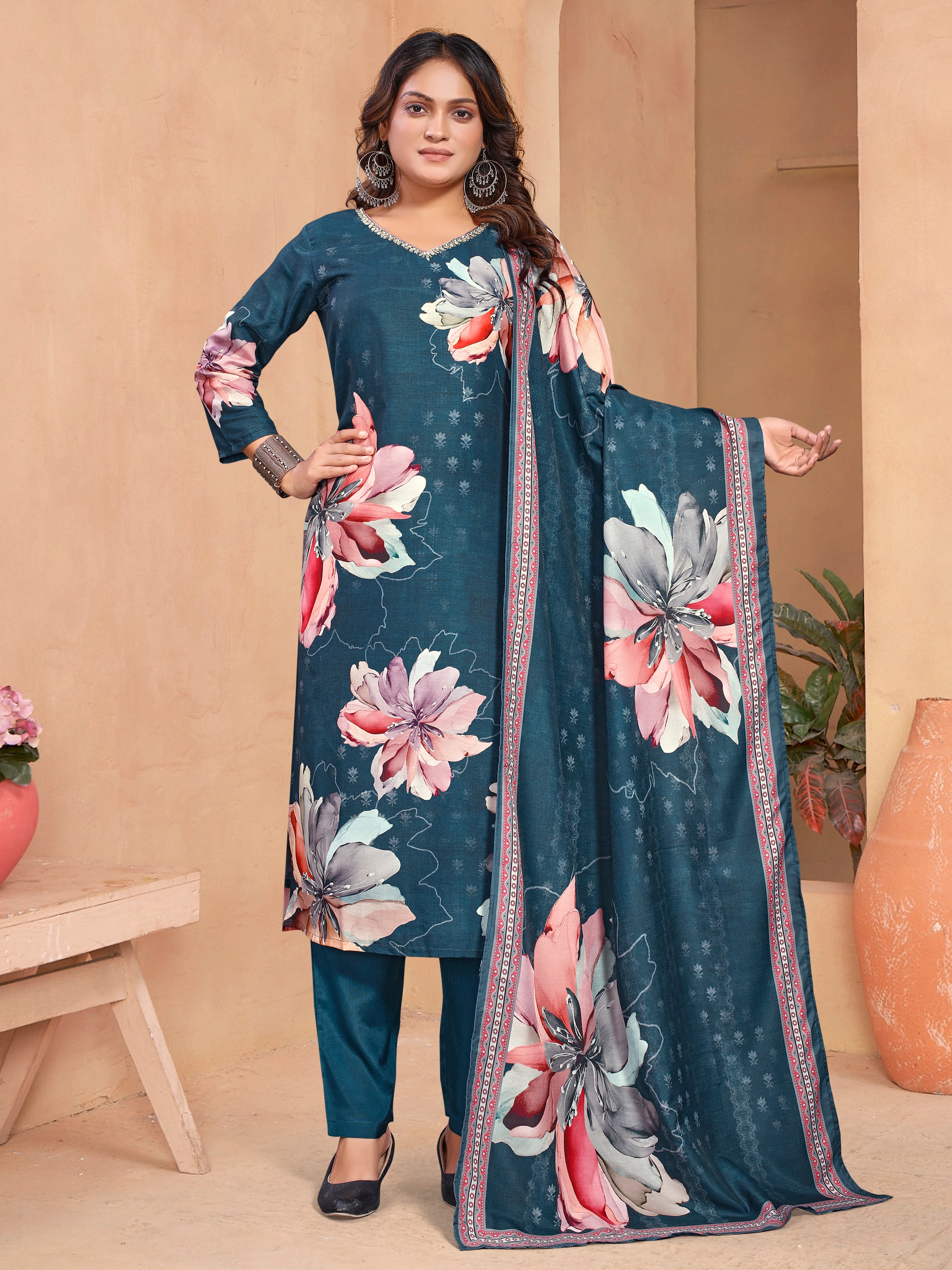 Blue Pv Masleen Three Pcs Suit With Masleen Dupatta