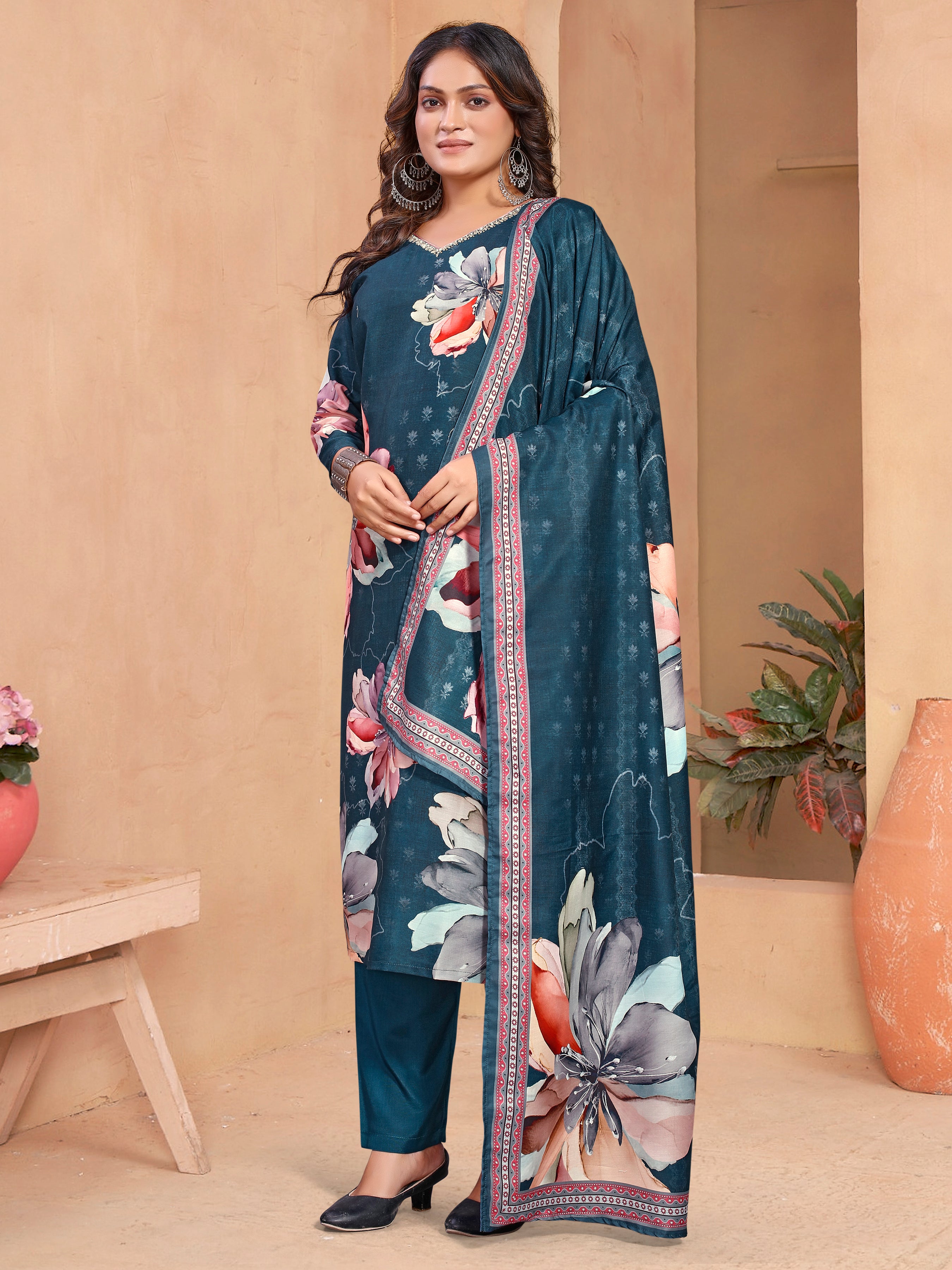 Blue Pv Masleen Three Pcs Suit With Masleen Dupatta
