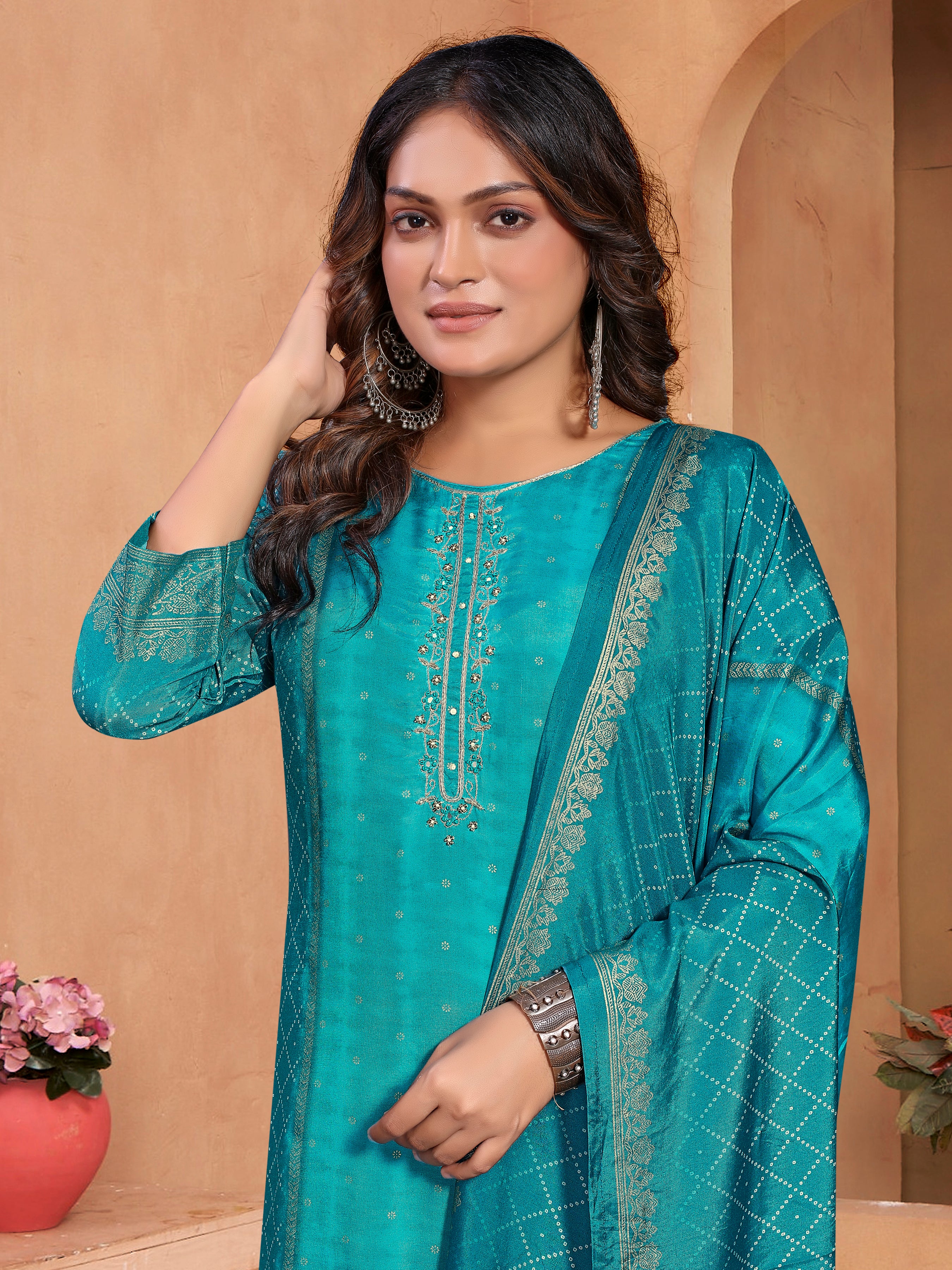 Blue Pure Masleen Three Pcs Suit With Masleen Dupatta