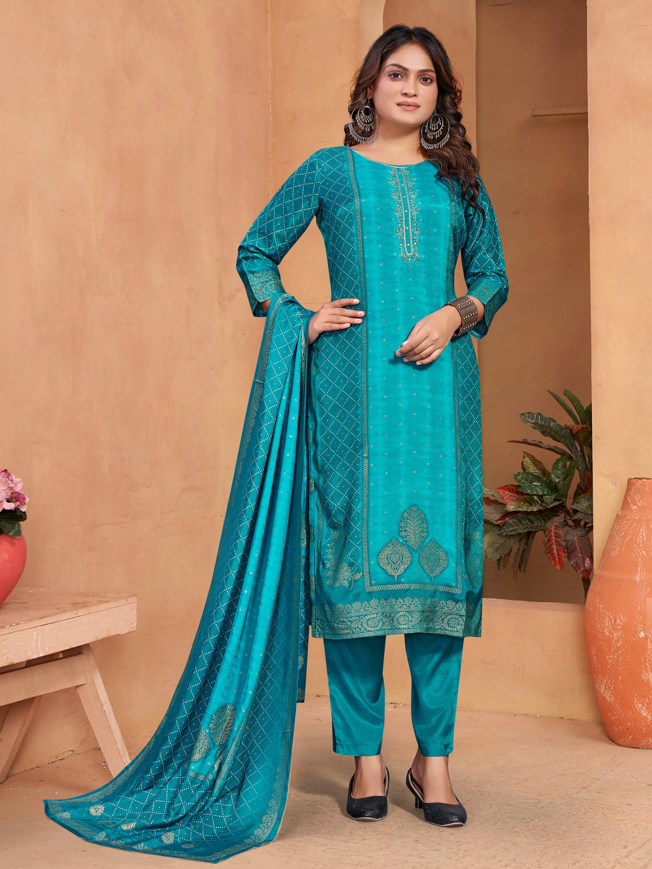 Blue Pure Masleen Three Pcs Suit With Masleen Dupatta