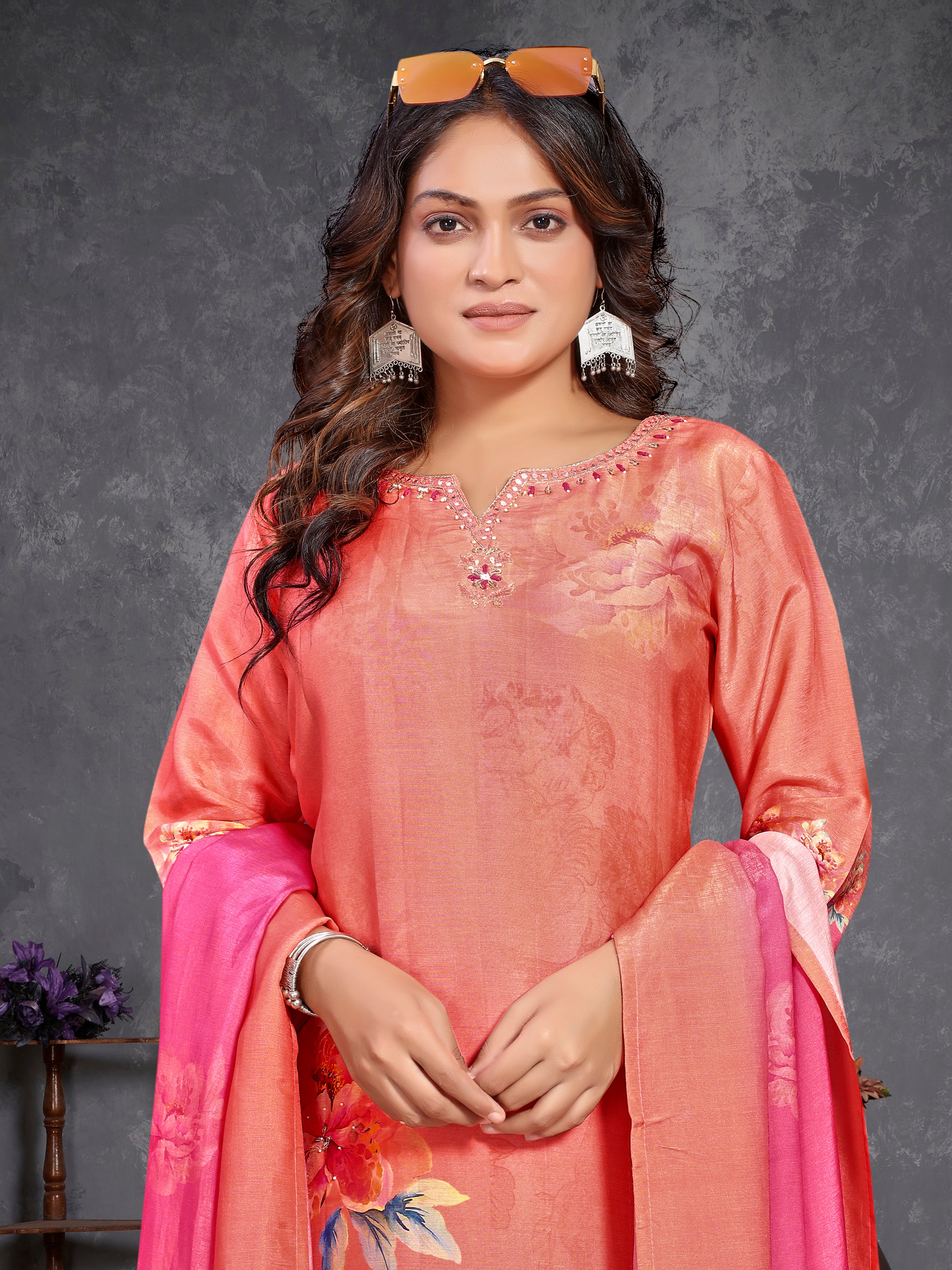 Pink Gucci Silk Three Pcs Suit With Gucci Silk Dupatta