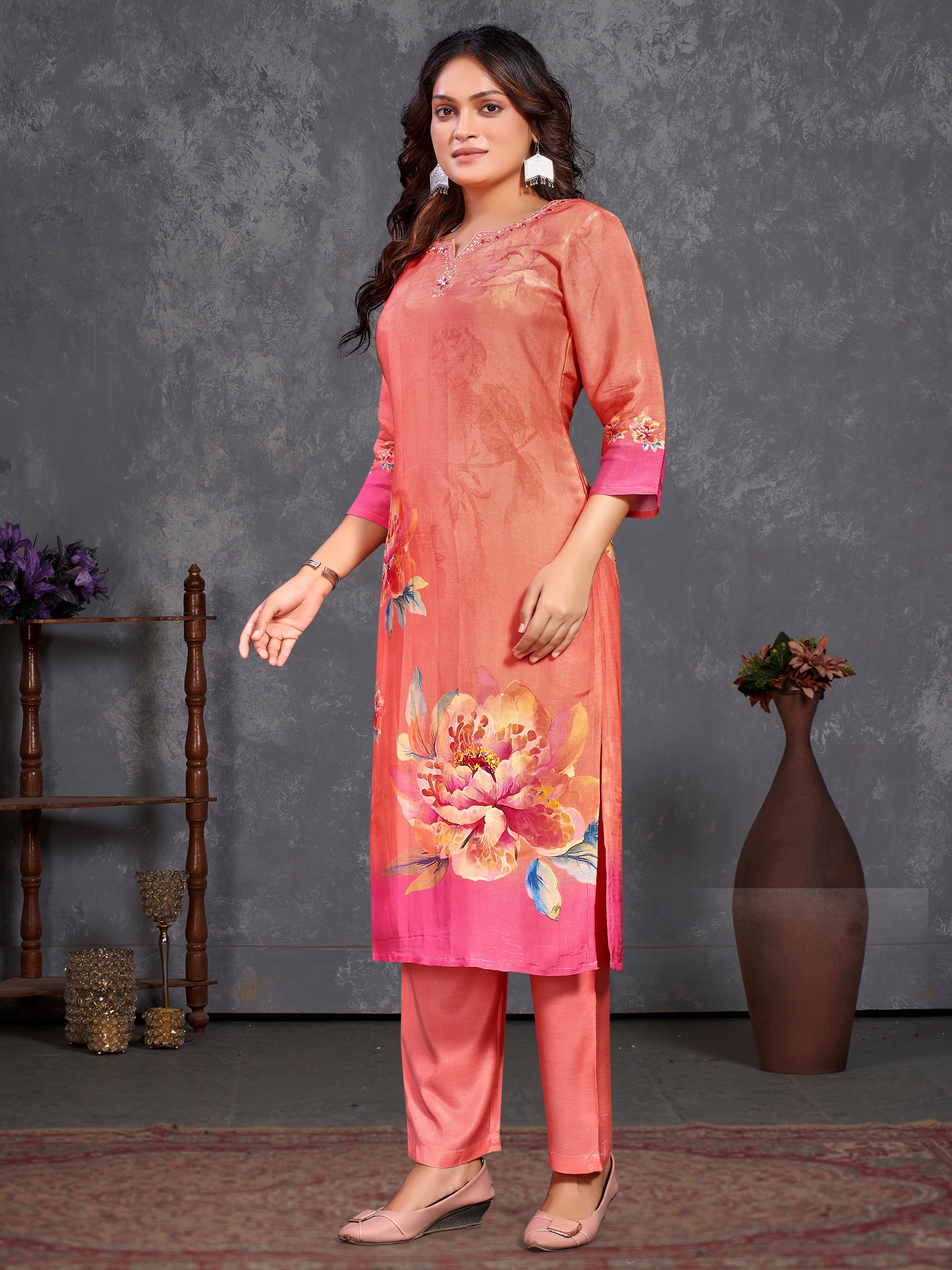 Pink Gucci Silk Three Pcs Suit With Gucci Silk Dupatta