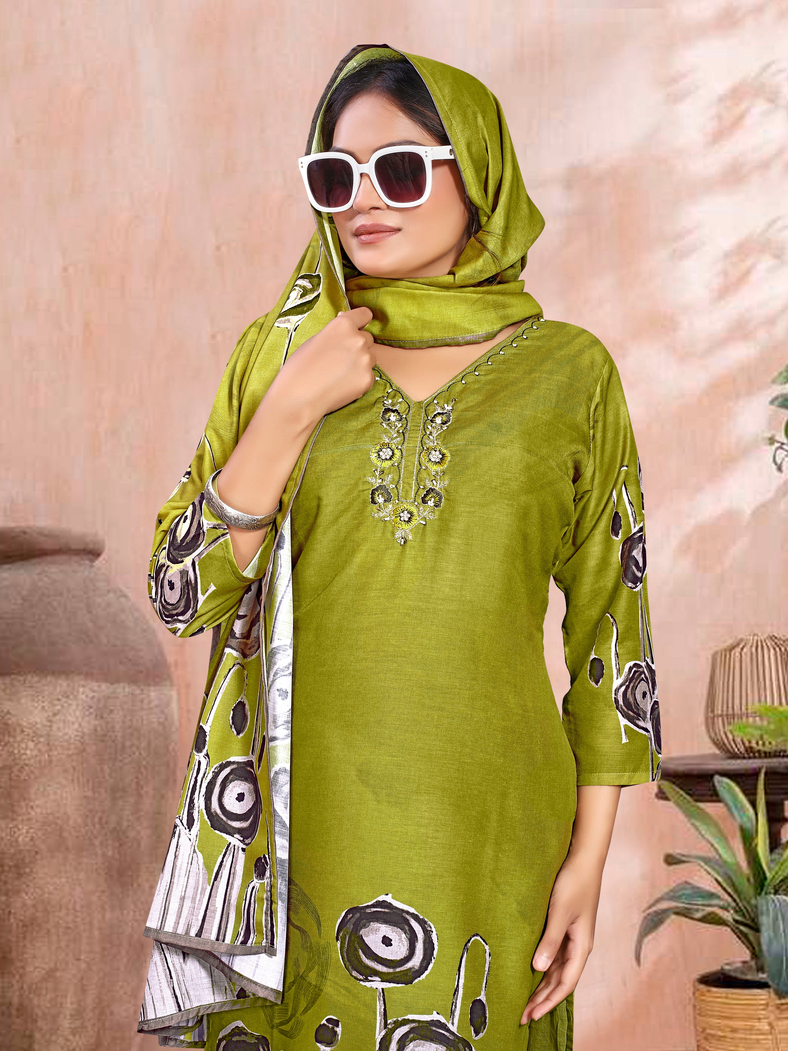 Golden Yellowpv Masleen Three Pcs Suit With Masleen Dupatta