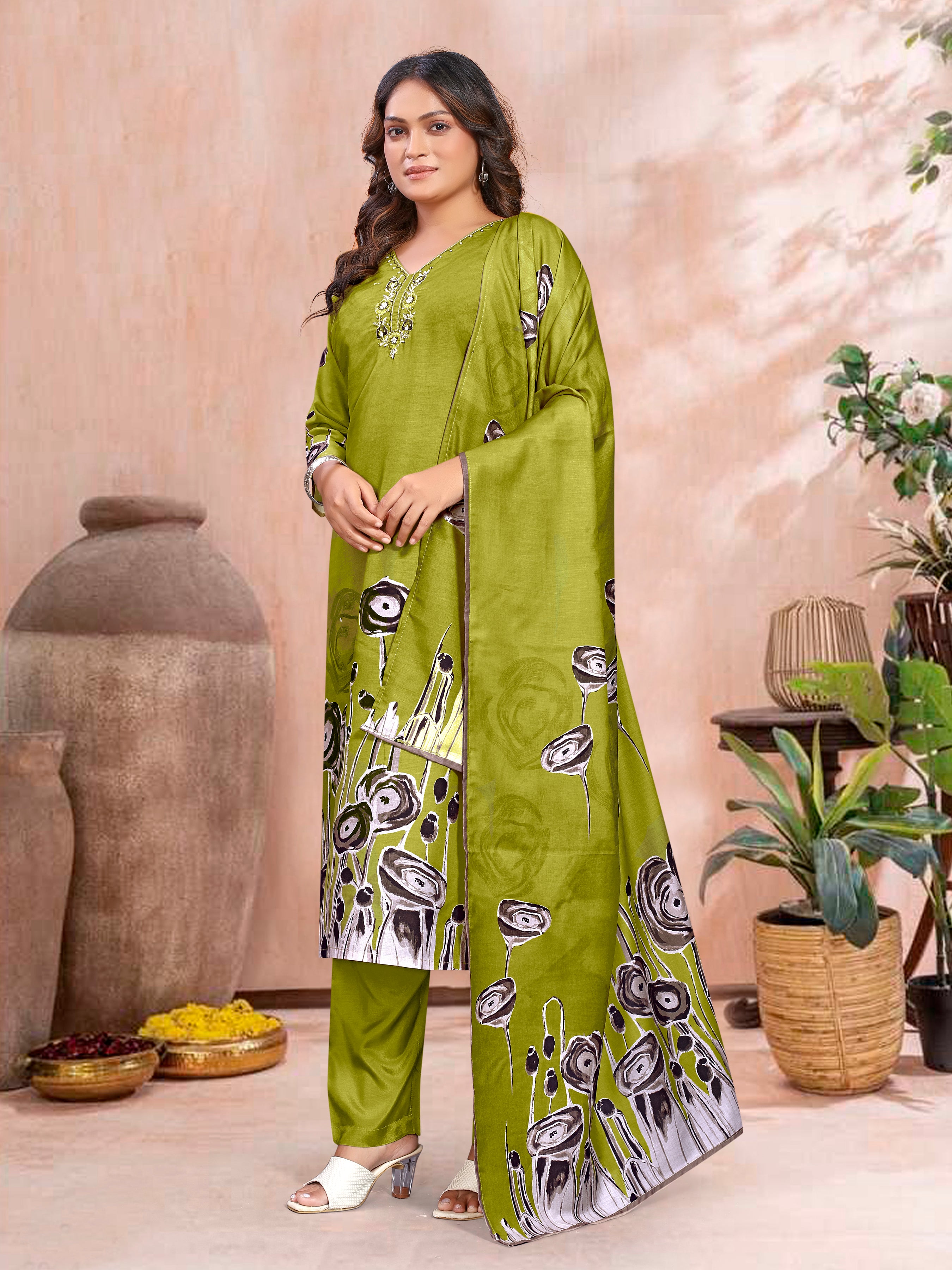 Golden Yellowpv Masleen Three Pcs Suit With Masleen Dupatta