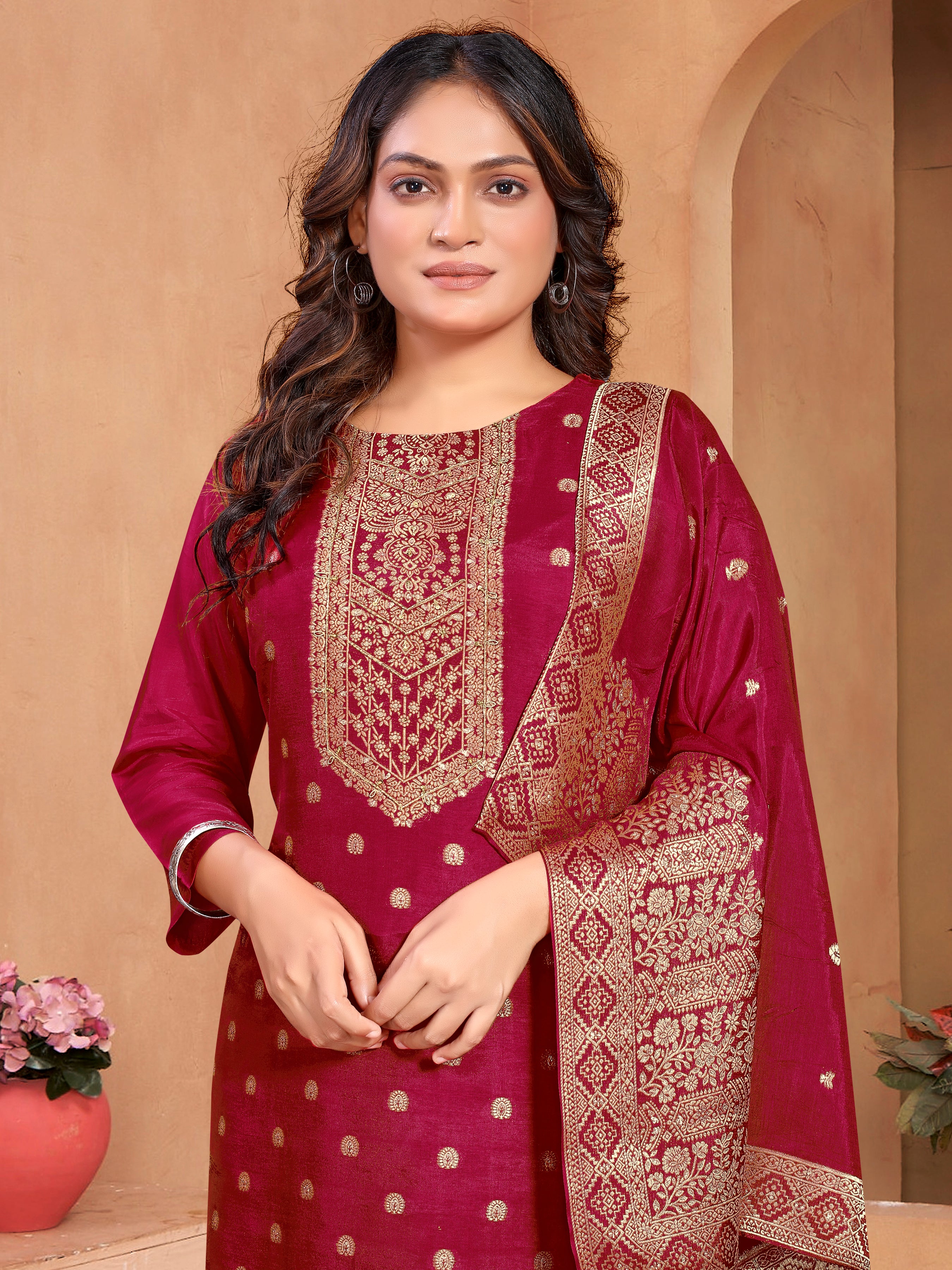 Red Dola Jackard Three Pcs Suit With Pure Dola Dupatta