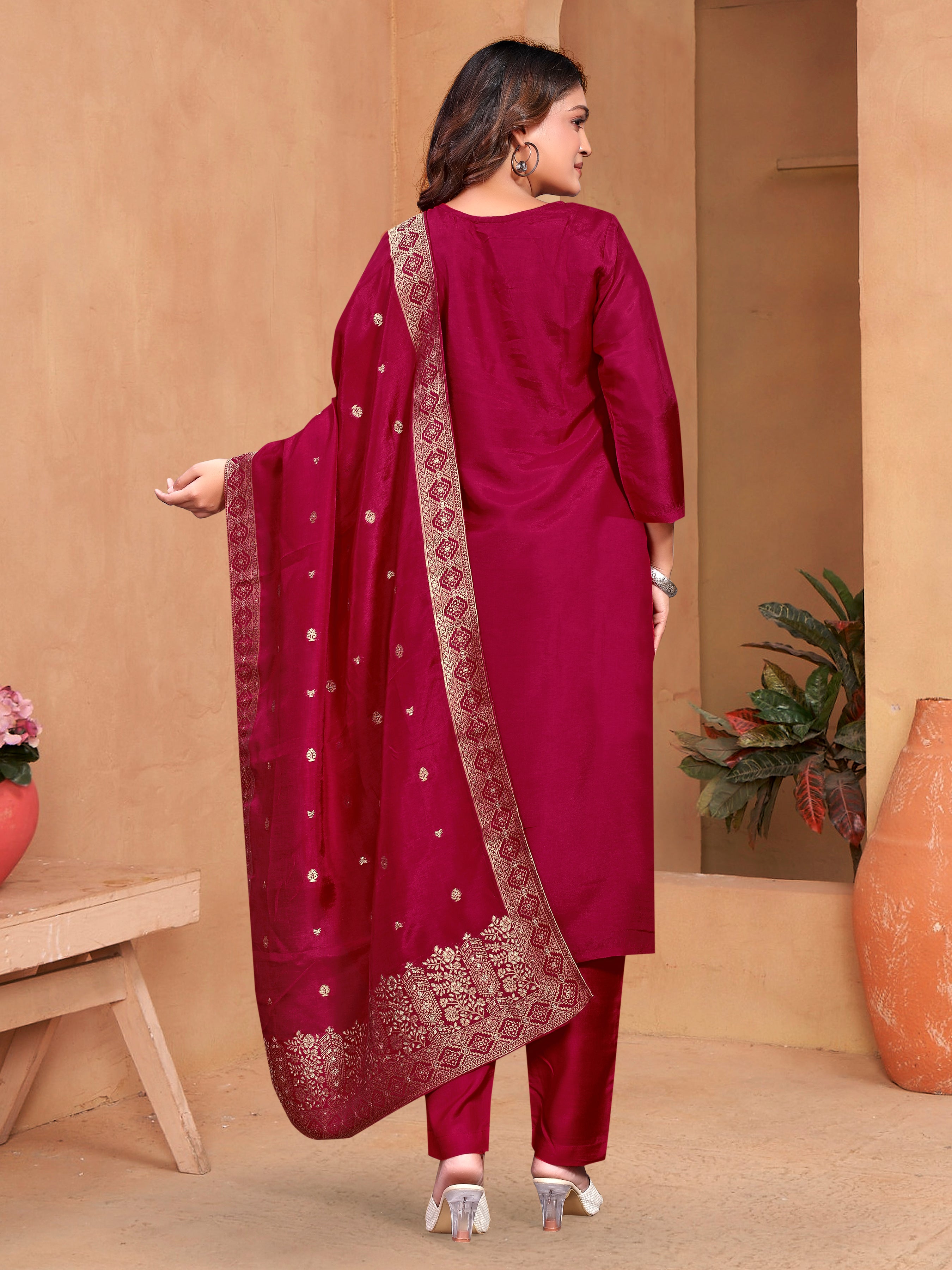 Red Dola Jackard Three Pcs Suit With Pure Dola Dupatta