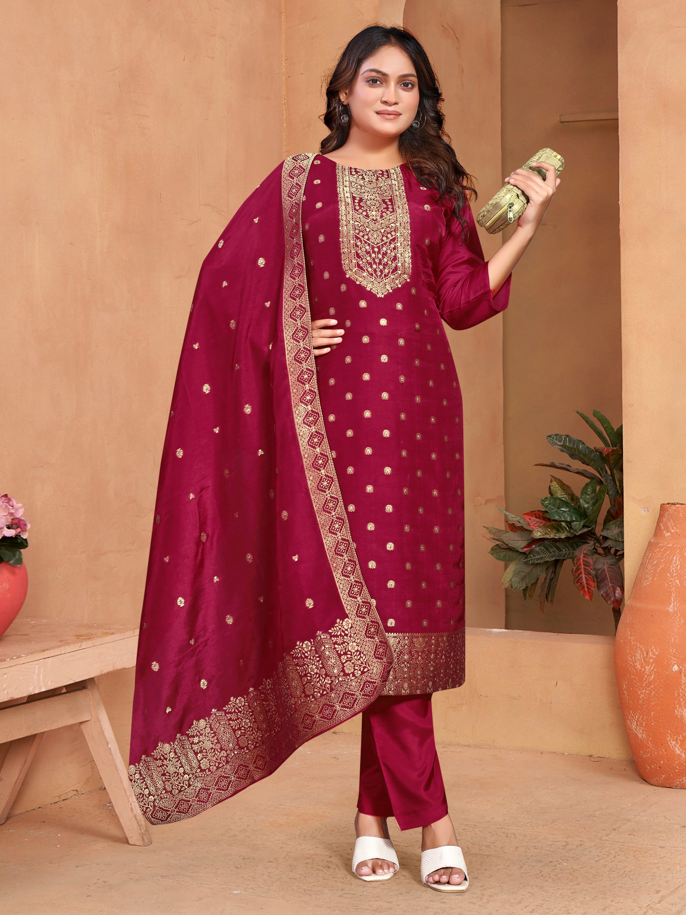 Red Dola Jackard Three Pcs Suit With Pure Dola Dupatta