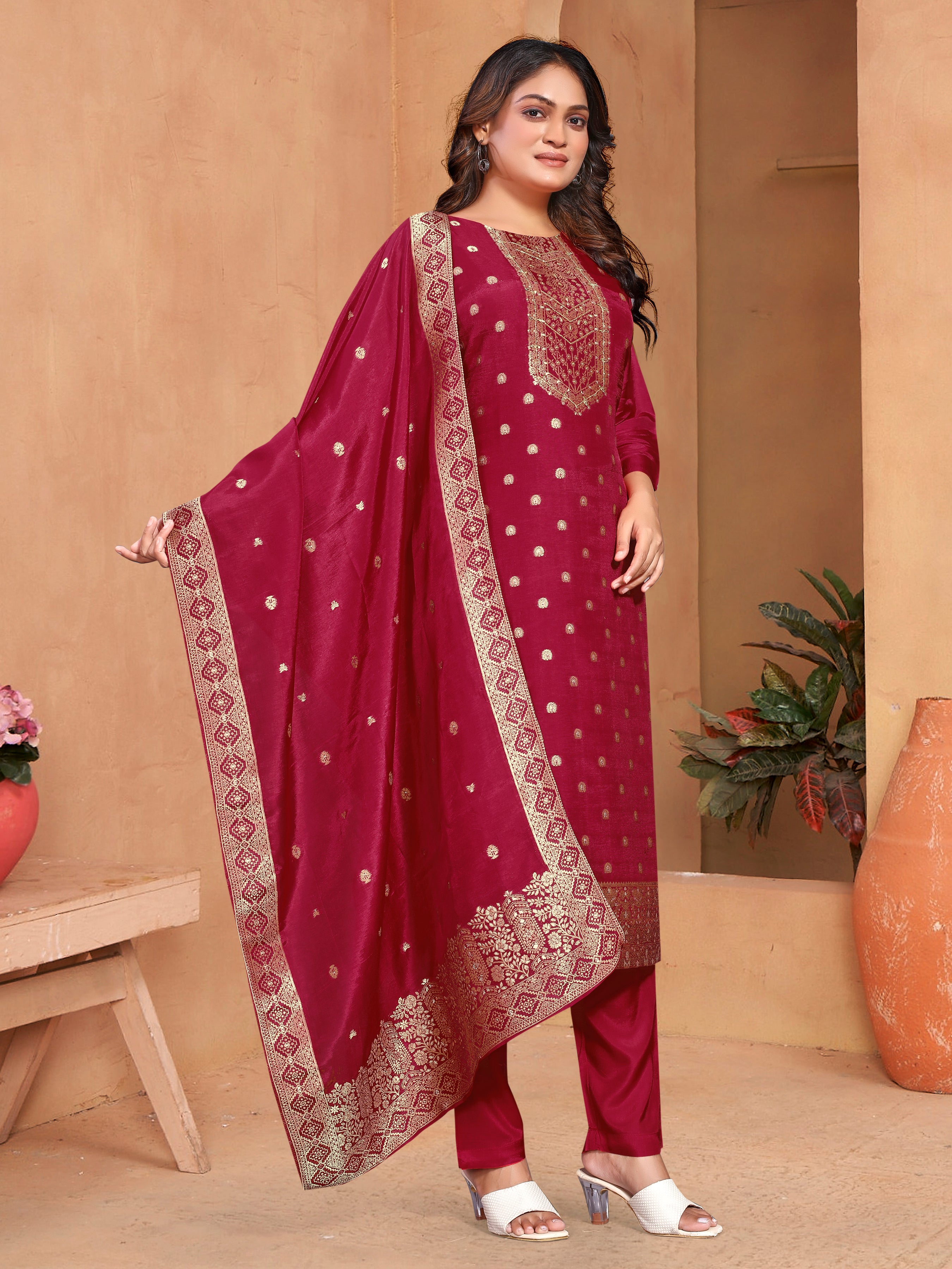 Red Dola Jackard Three Pcs Suit With Pure Dola Dupatta