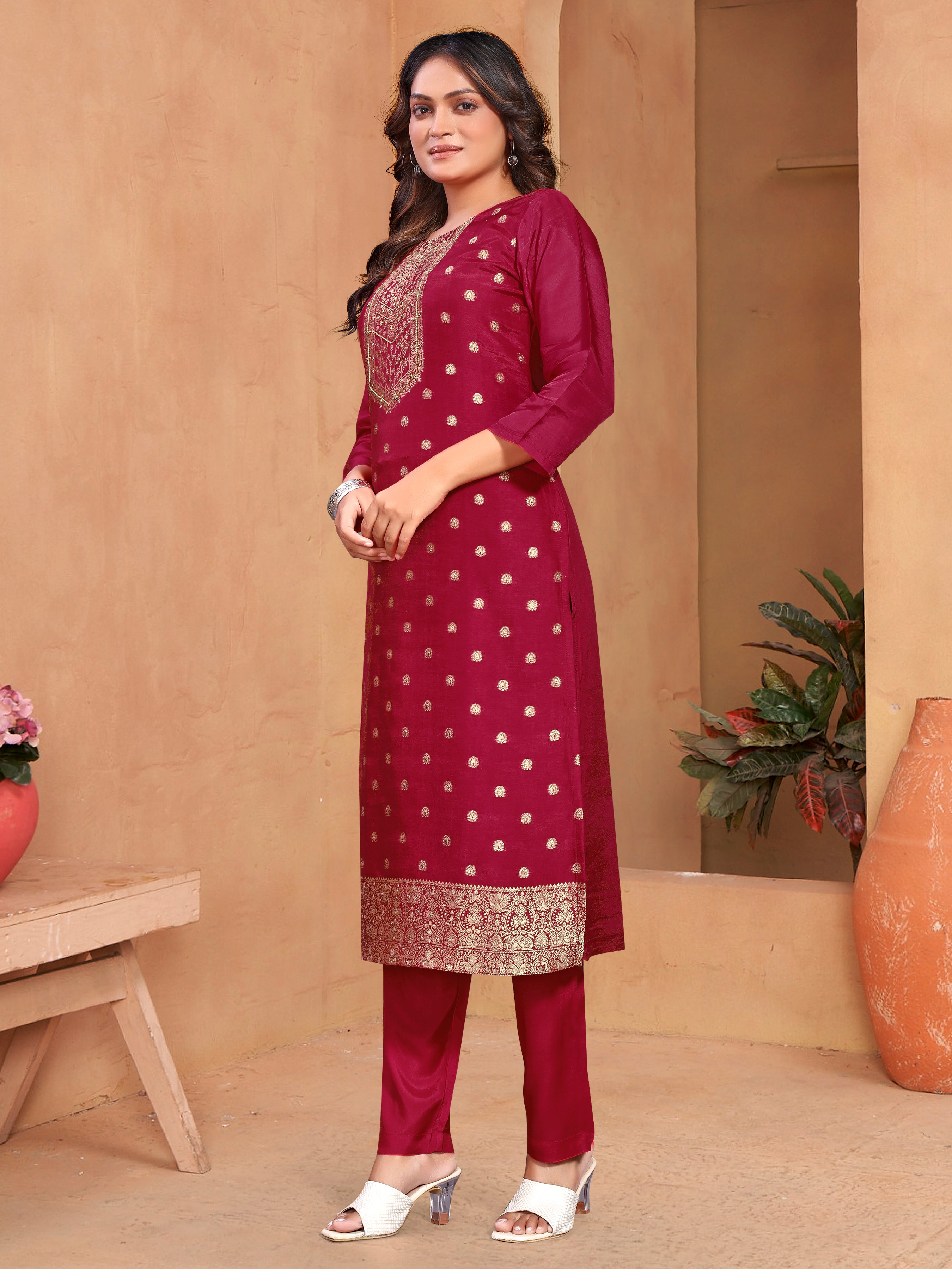 Red Dola Jackard Three Pcs Suit With Pure Dola Dupatta
